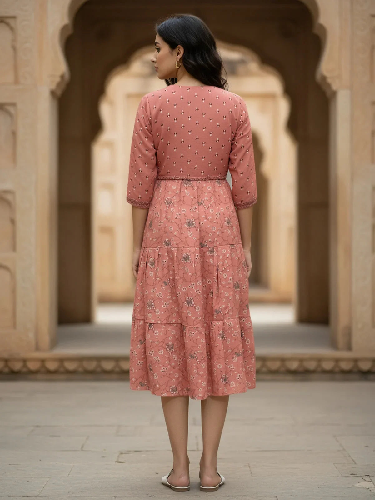 Buy Viscose Poly Printed Flared Calf Length Dress-Pink