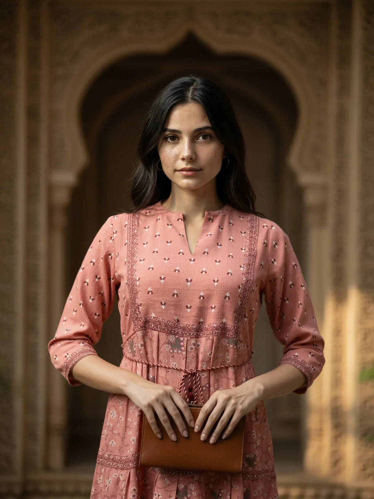 Buy Viscose Poly Printed Flared Calf Length Dress-Pink