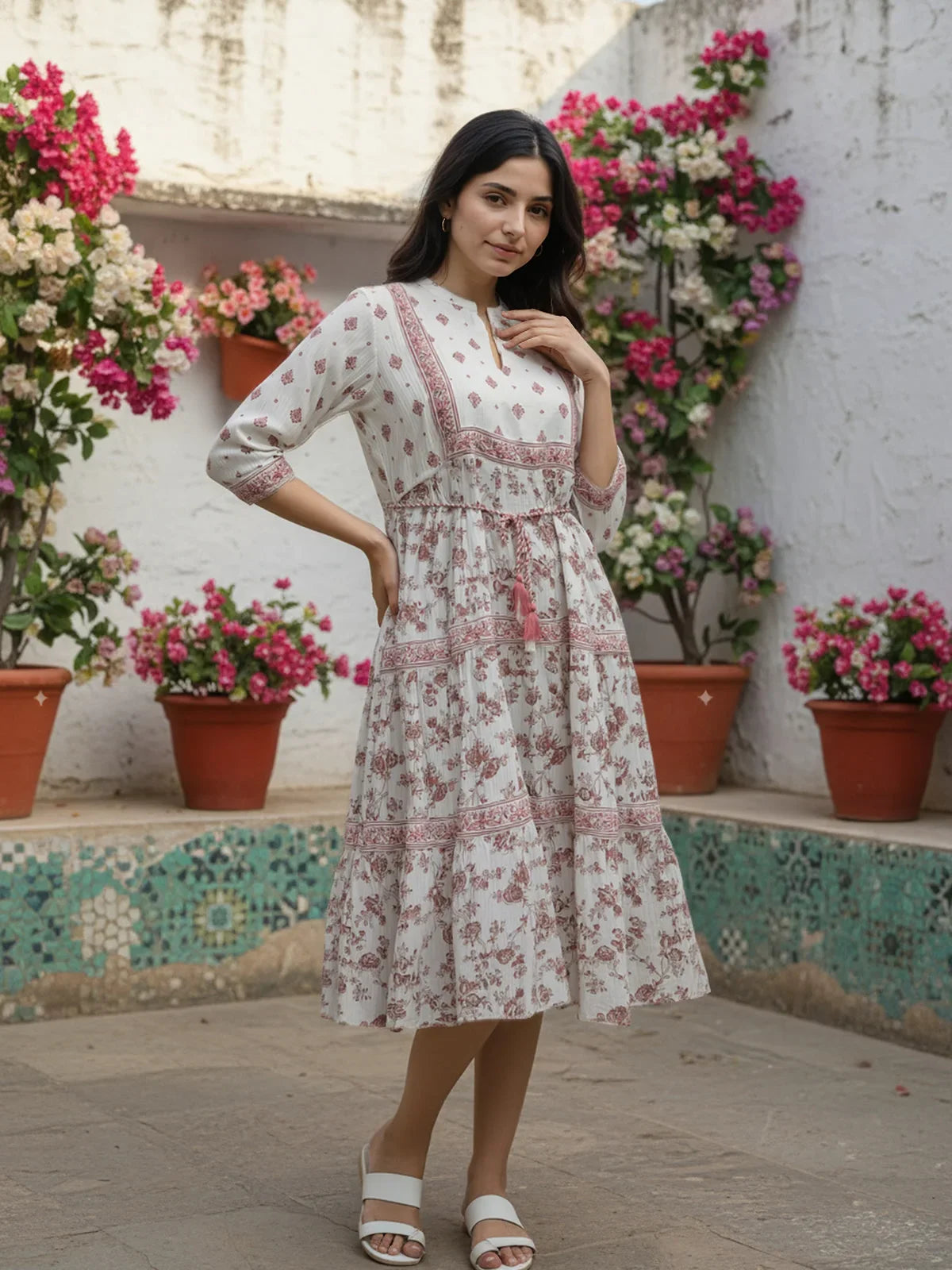 Buy Viscose Poly Printed Flared Calf Length Dress-Off White