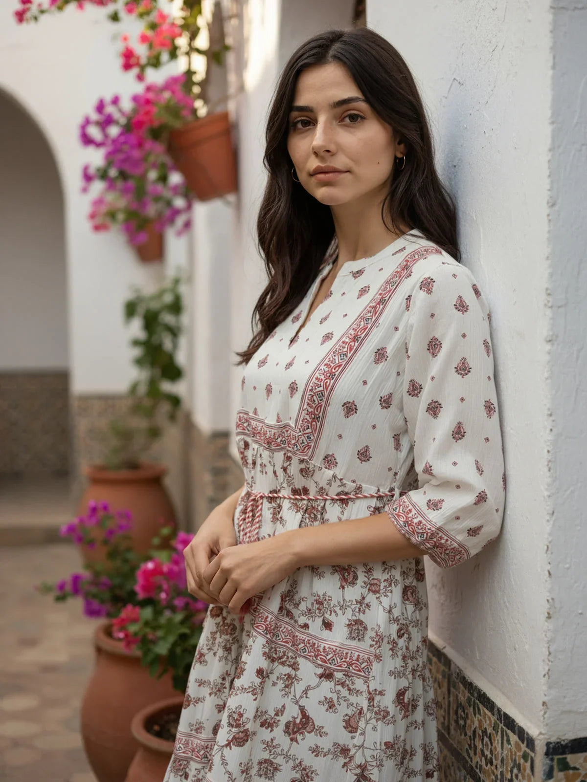 Buy Viscose Poly Printed Flared Calf Length Dress-Off White