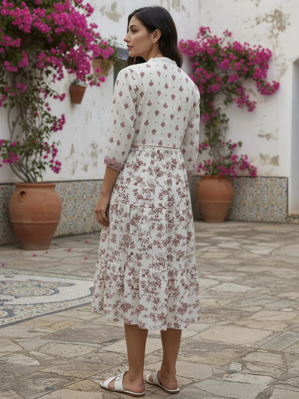 Buy Viscose Poly Printed Flared Calf Length Dress-Off White