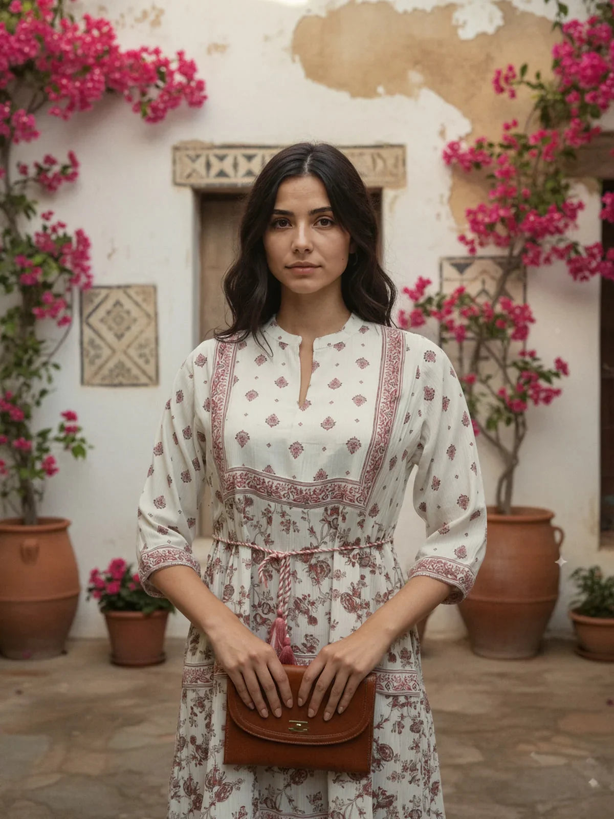 Buy Viscose Poly Printed Flared Calf Length Dress-Off White