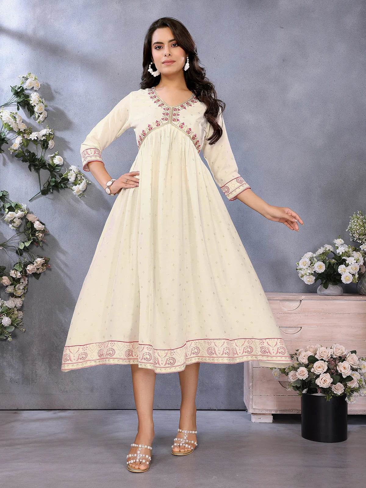 Buy Viscose Poly Printed Flared Calf Length Dress-Off White