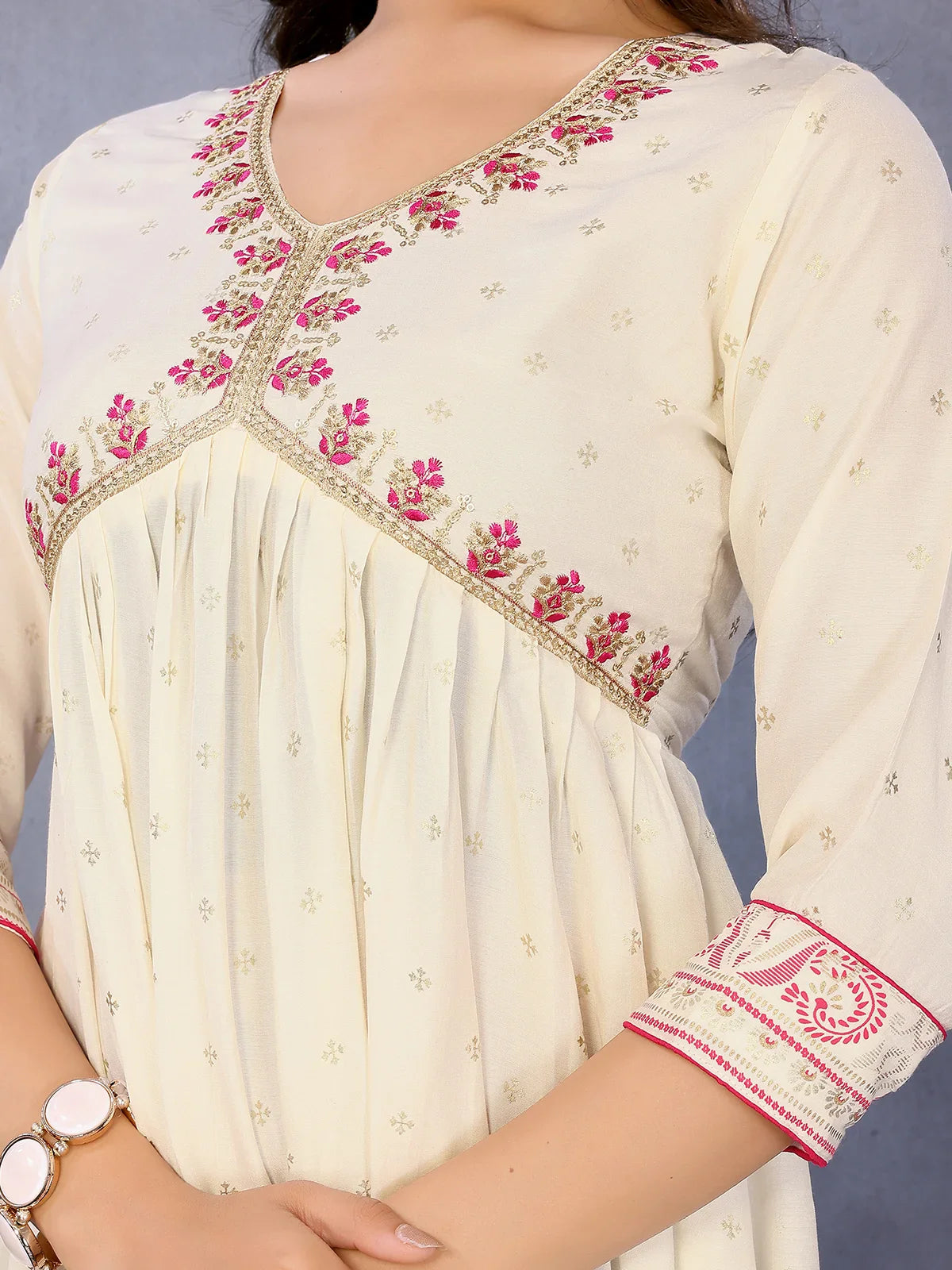 Buy Viscose Poly Printed Flared Calf Length Dress-Off White