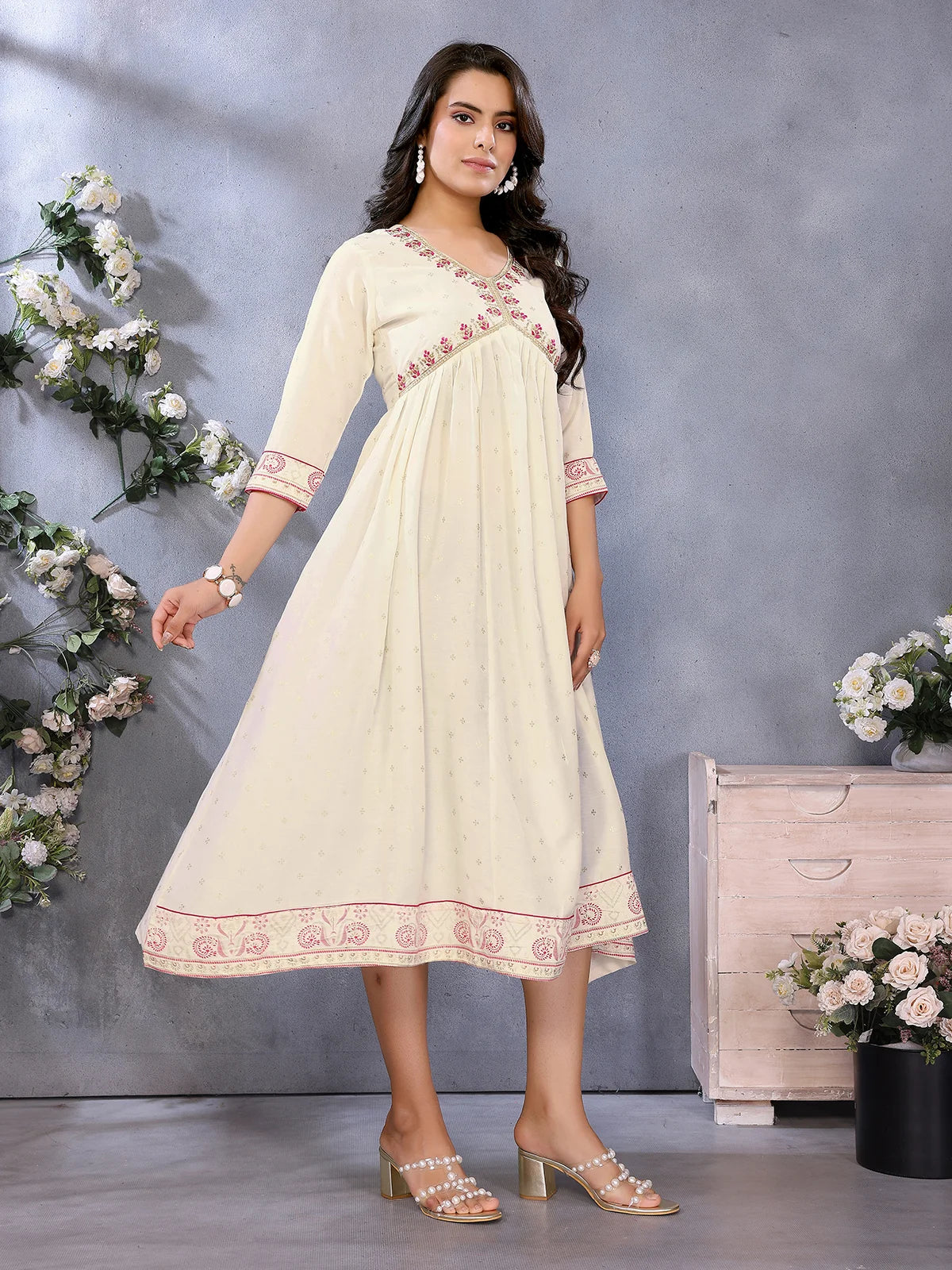 Buy Viscose Poly Printed Flared Calf Length Dress-Off White