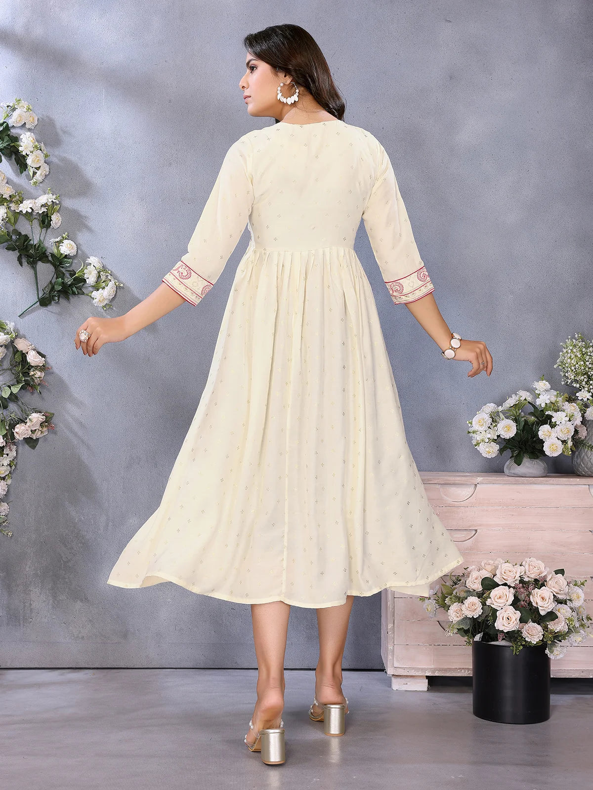 Buy Viscose Poly Printed Flared Calf Length Dress-Off White