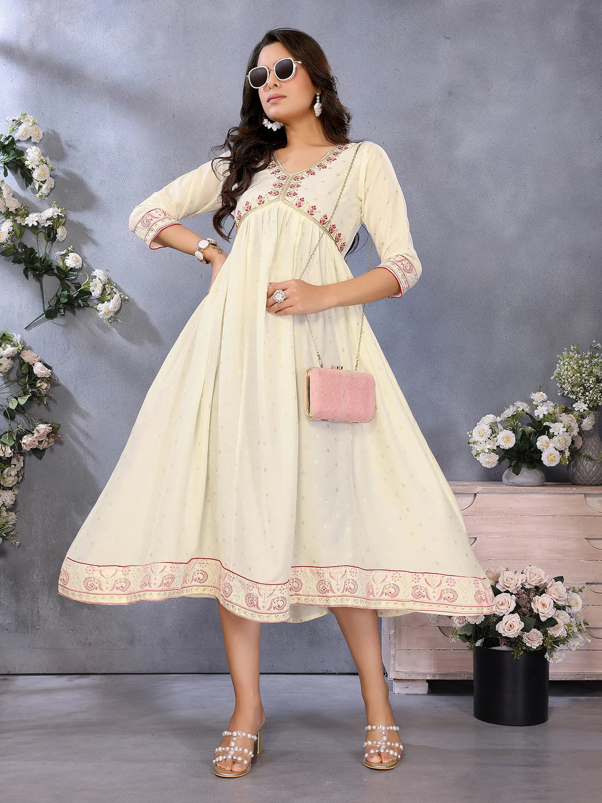 Buy Viscose Poly Printed Flared Calf Length Dress-Off White
