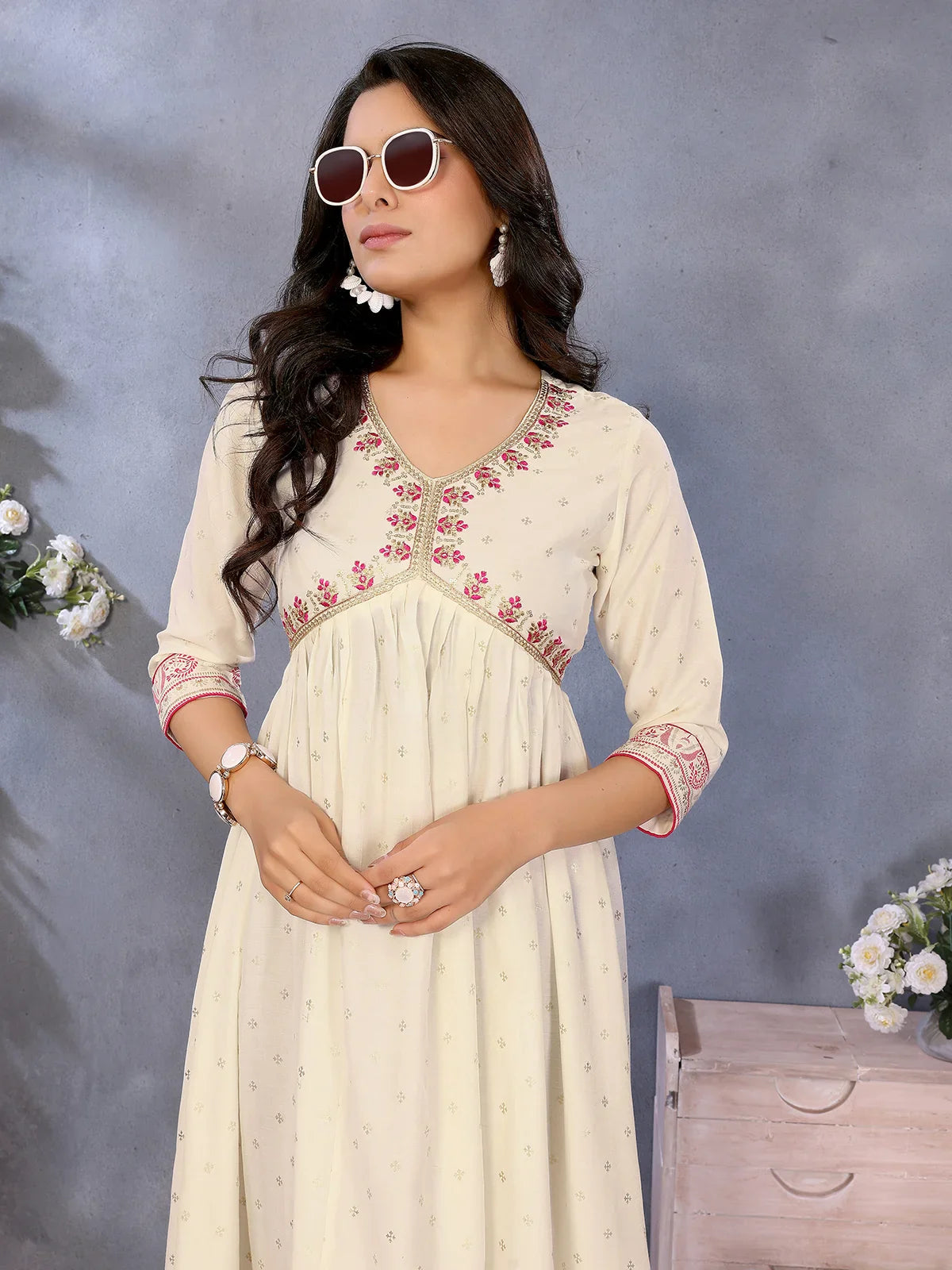 Buy Viscose Poly Printed Flared Calf Length Dress-Off White