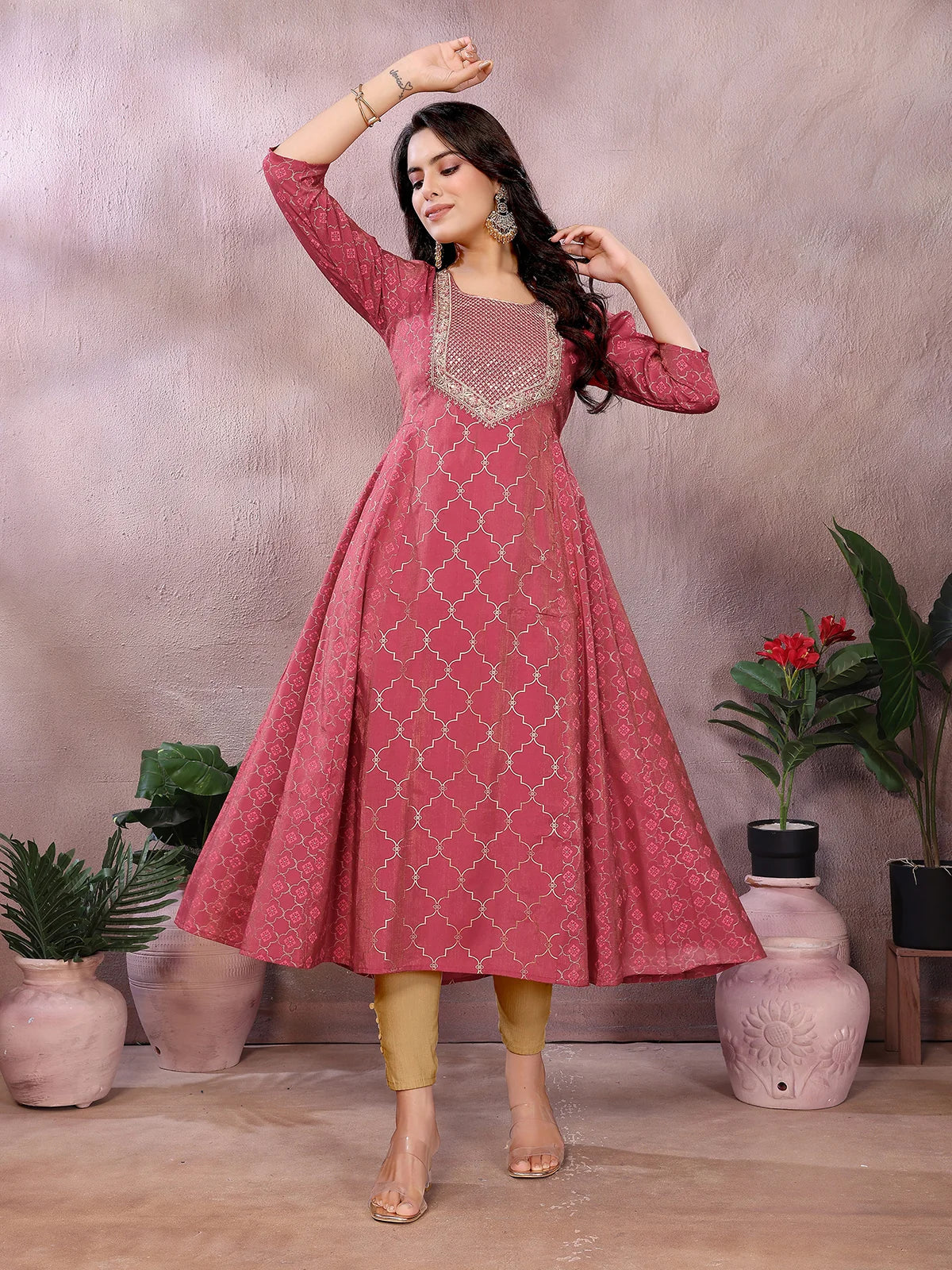 Buy Viscose Poly Printed Anarkali Calf Length Kurta-Red