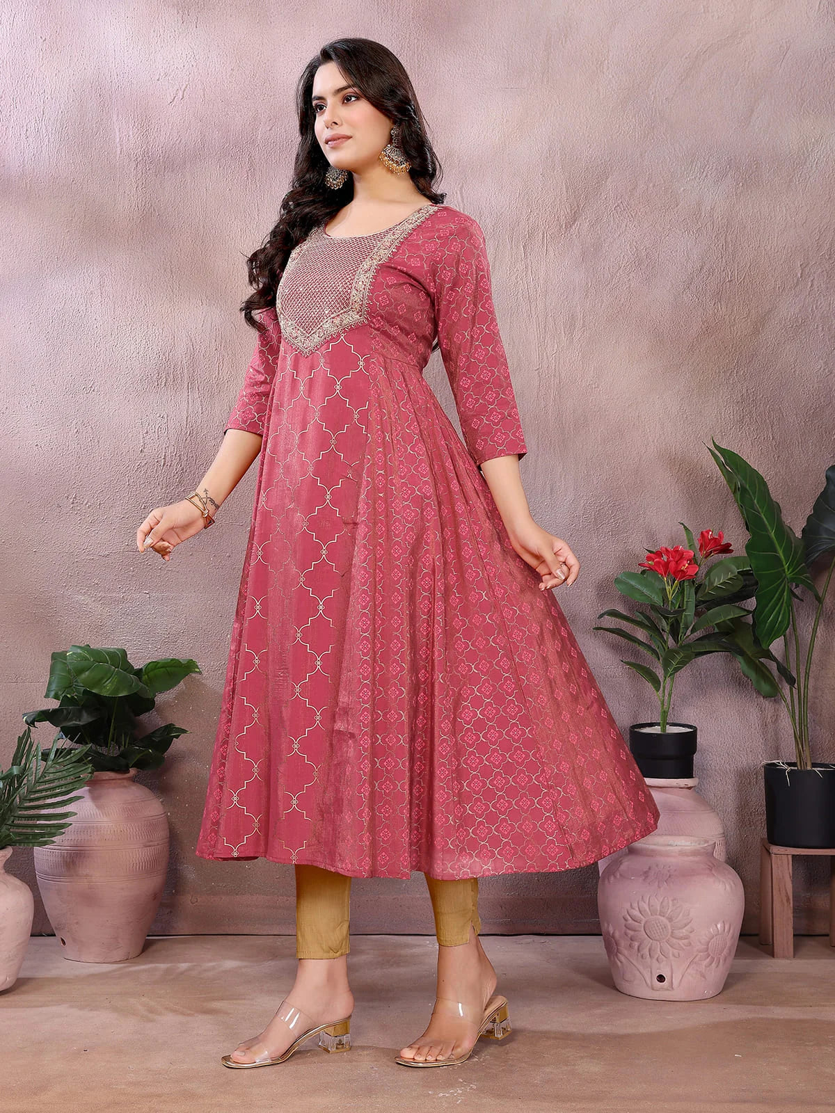 Buy Viscose Poly Printed Anarkali Calf Length Kurta-Red