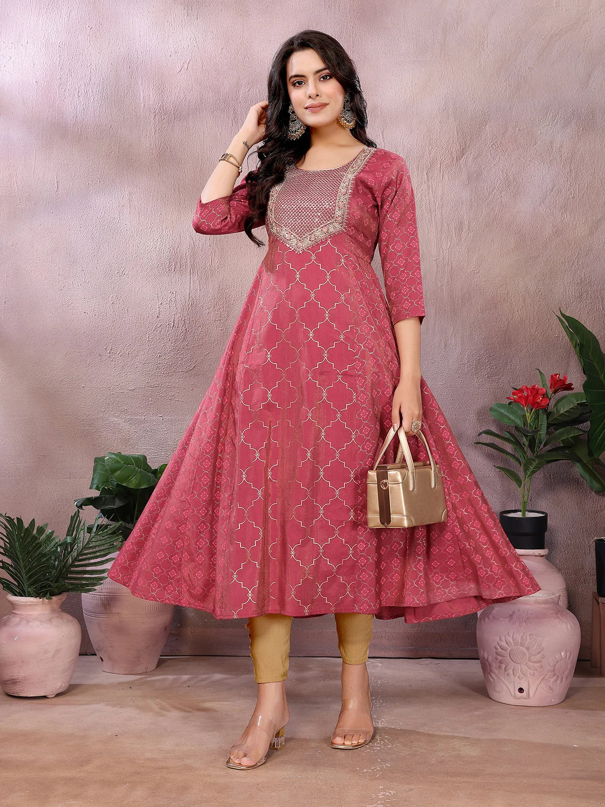 Buy Viscose Poly Printed Anarkali Calf Length Kurta-Red