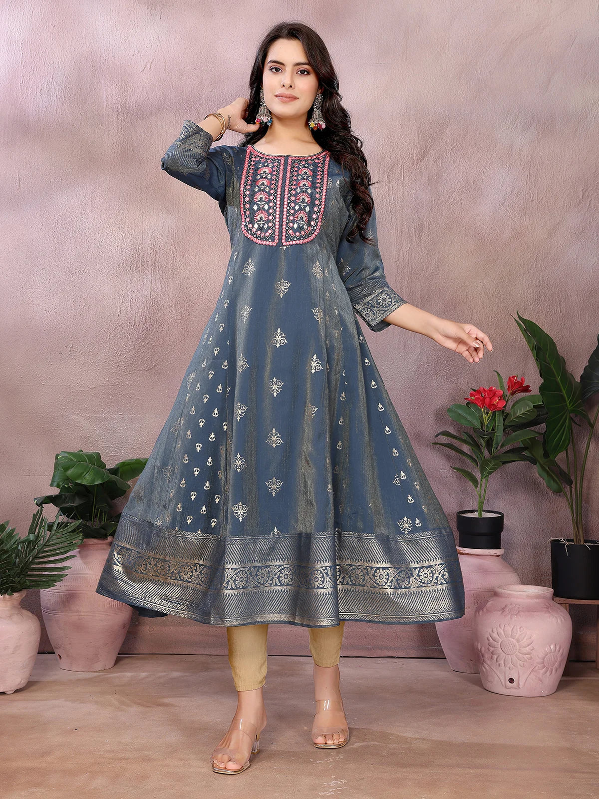 Buy Viscose Poly Printed Anarkali Calf Length Kurta-Grey