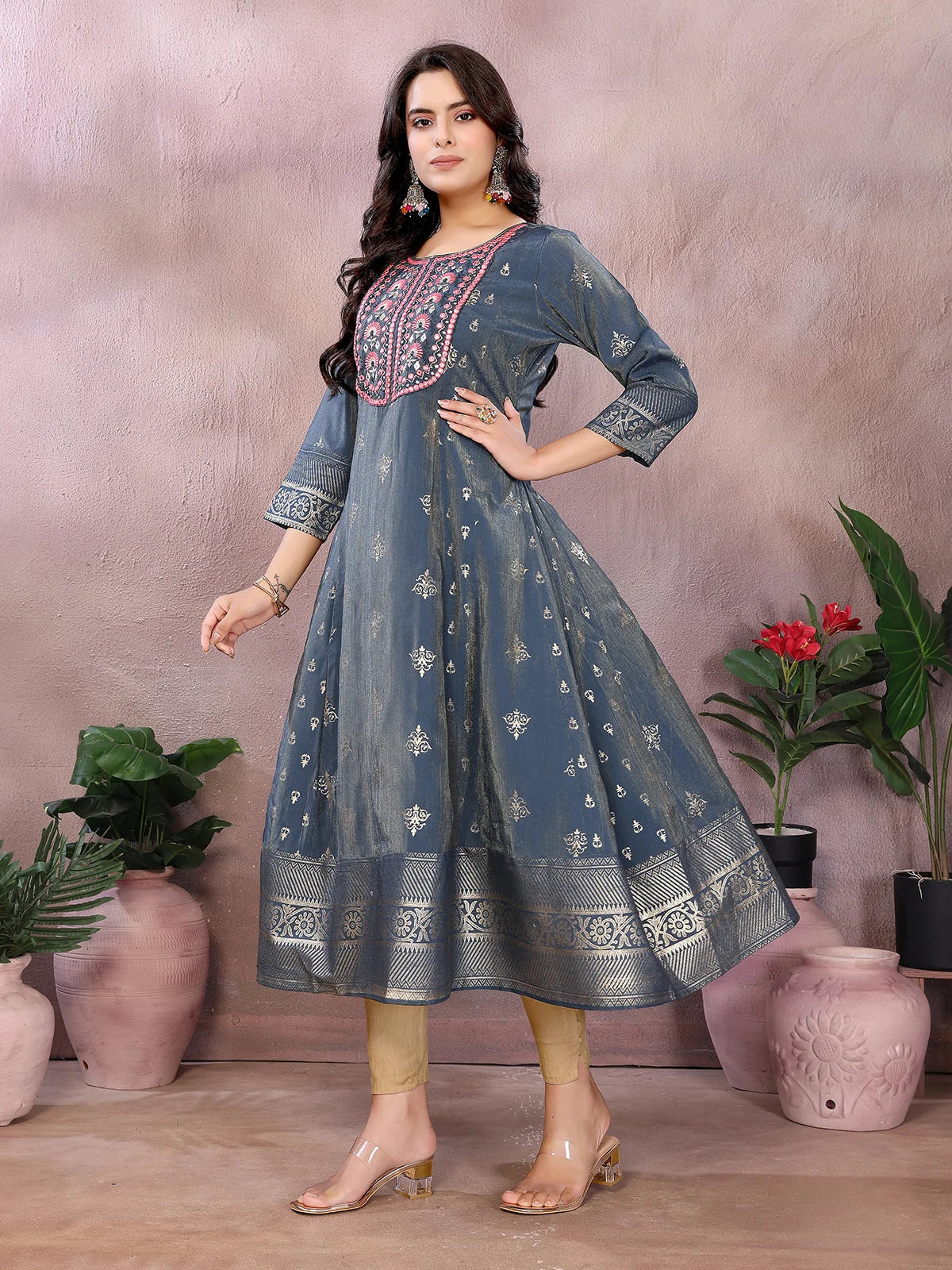 Buy Viscose Poly Printed Anarkali Calf Length Kurta-Grey