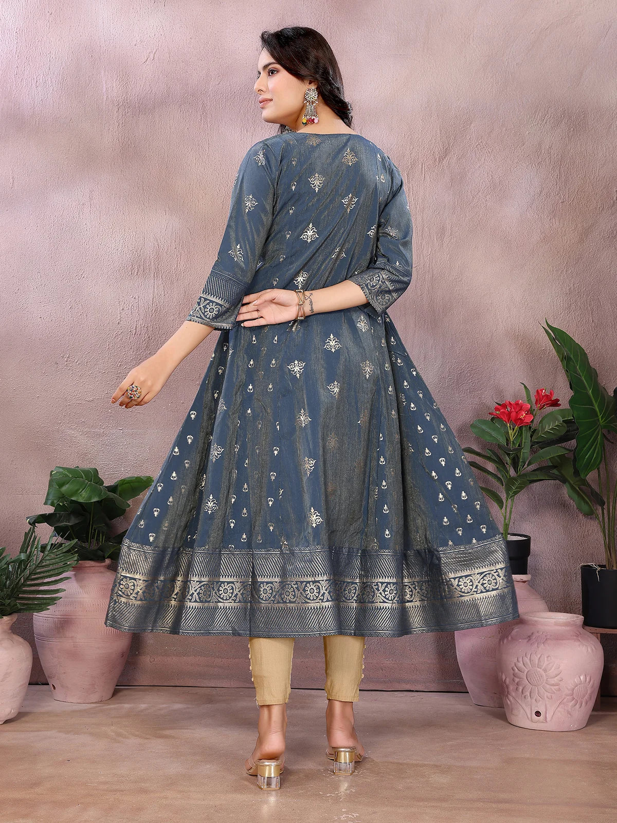Buy Viscose Poly Printed Anarkali Calf Length Kurta-Grey