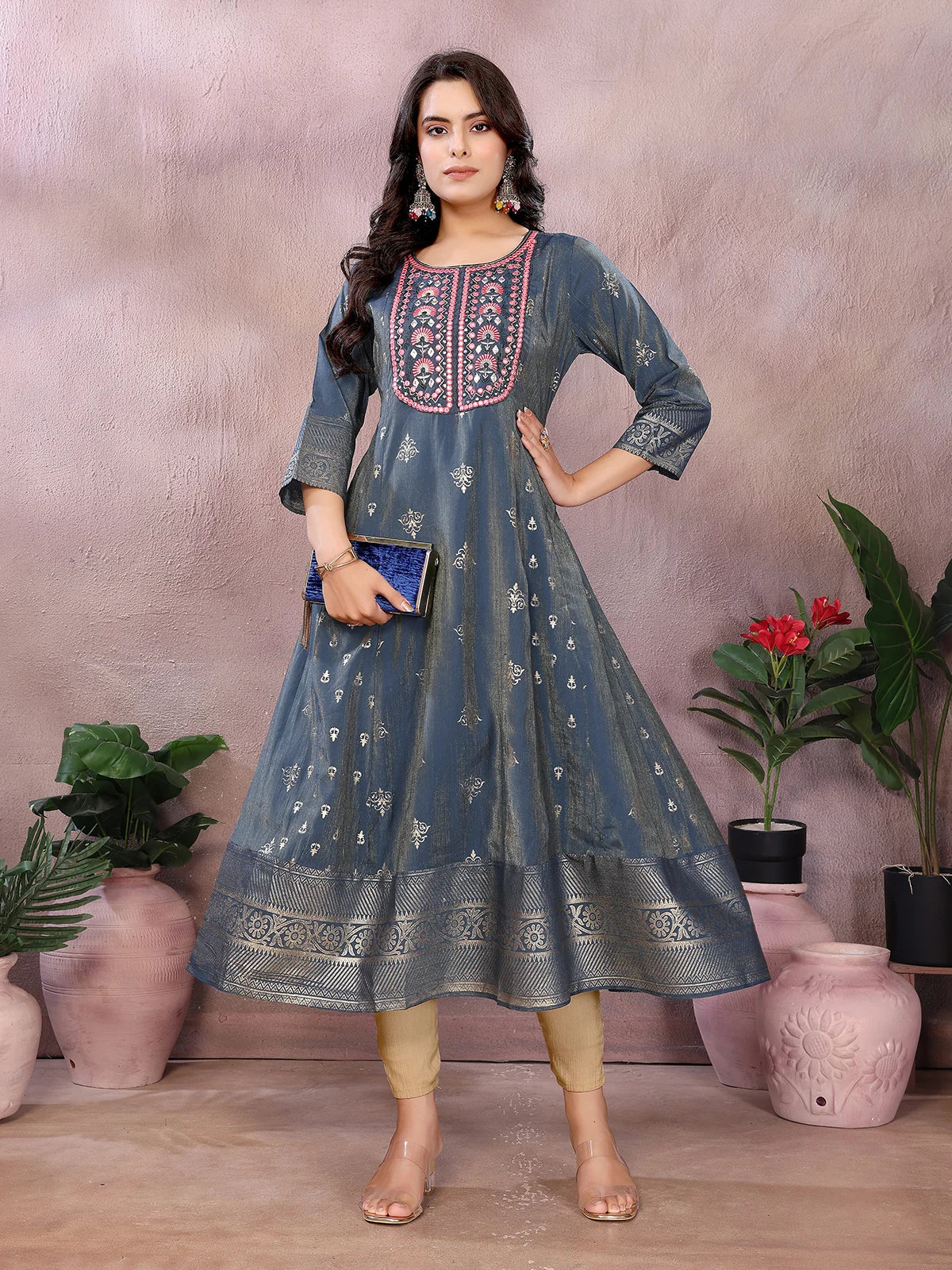 Buy Viscose Poly Printed Anarkali Calf Length Kurta-Grey