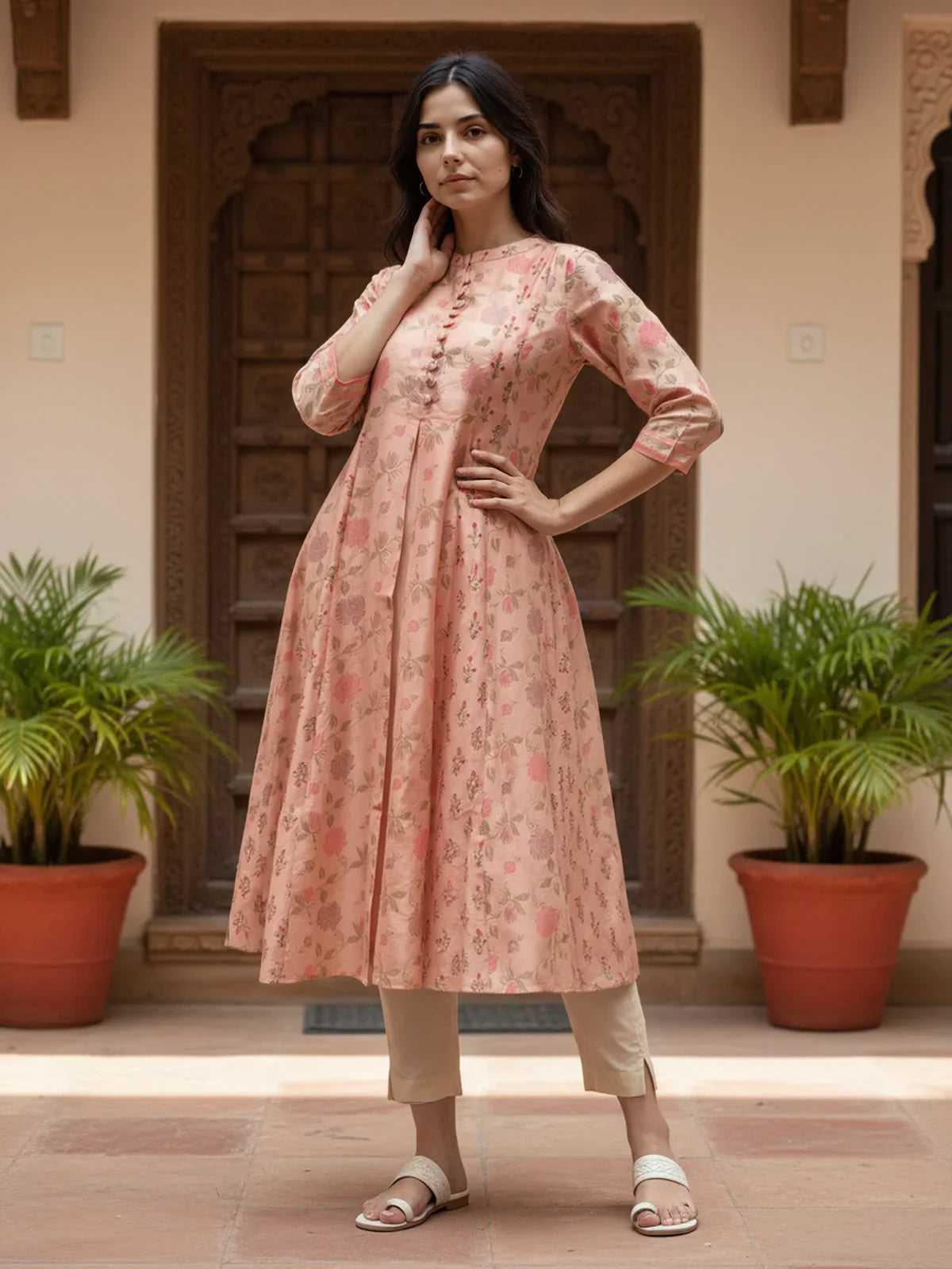 Buy Chanderi Printed Anarkali Calf Length Kurta-Peach