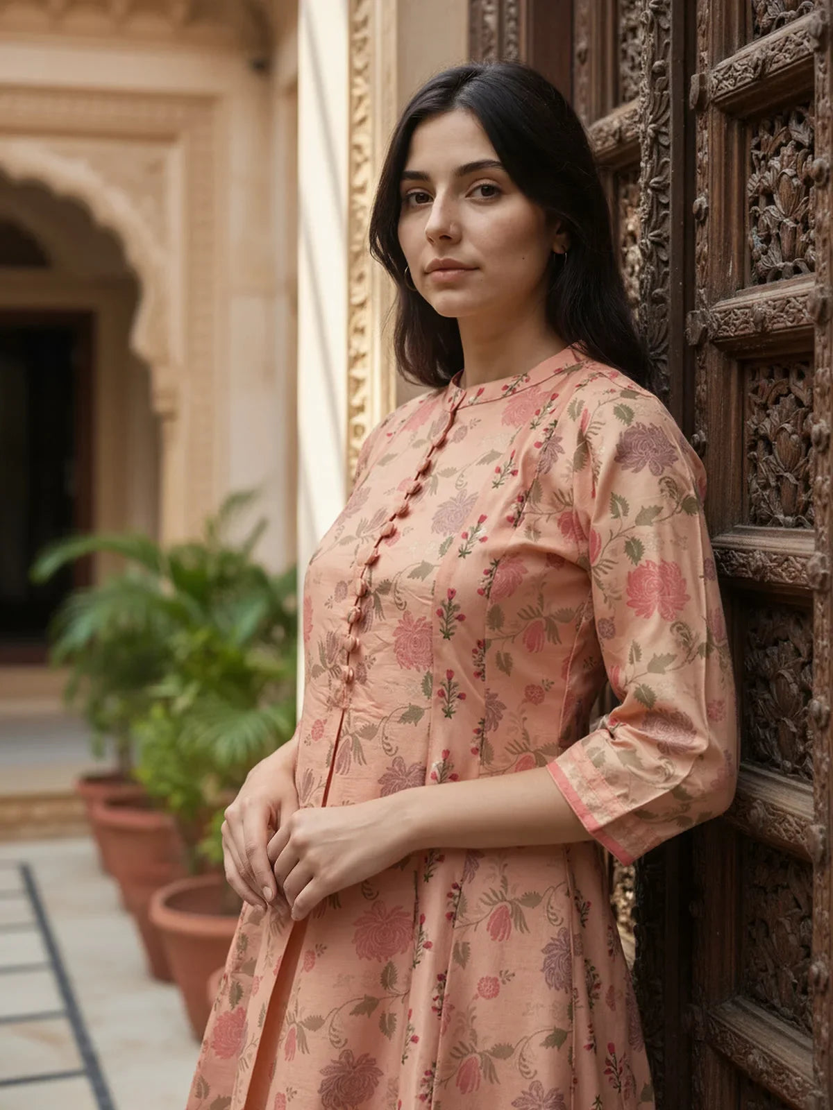 Buy Chanderi Printed Anarkali Calf Length Kurta-Peach