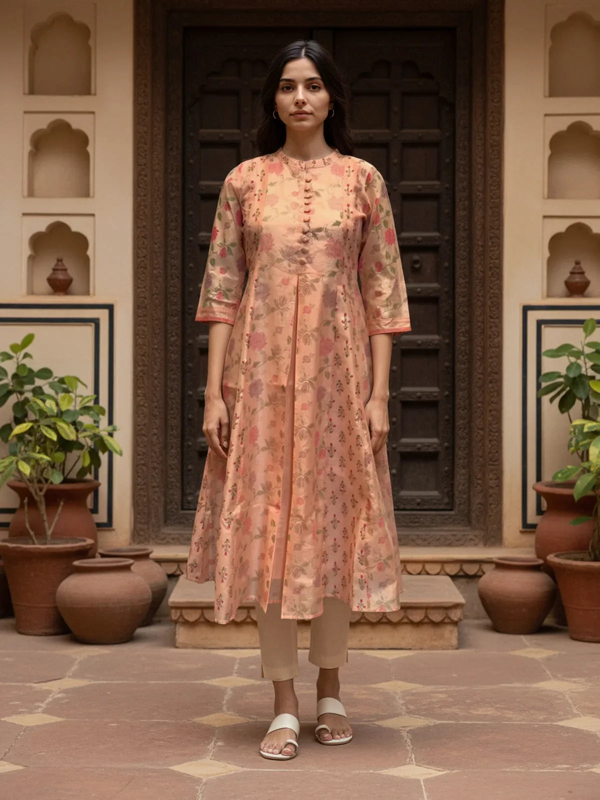 Buy Chanderi Printed Anarkali Calf Length Kurta-Peach