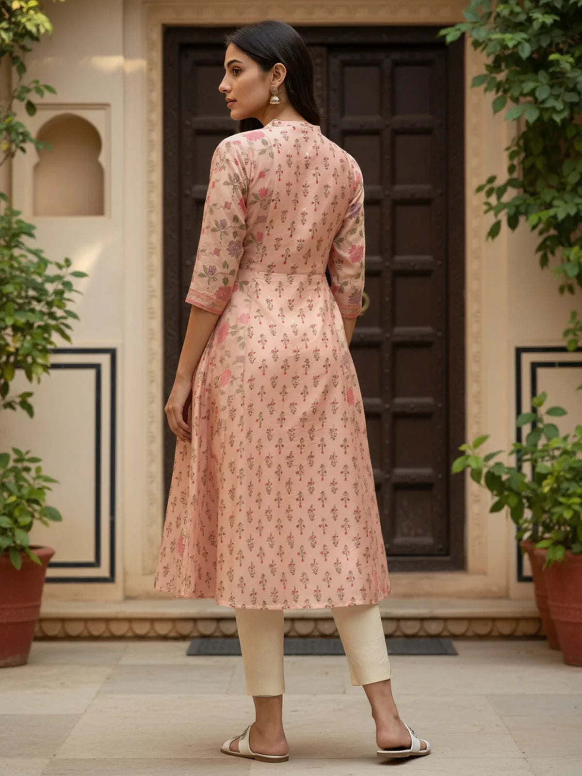 Buy Chanderi Printed Anarkali Calf Length Kurta-Peach