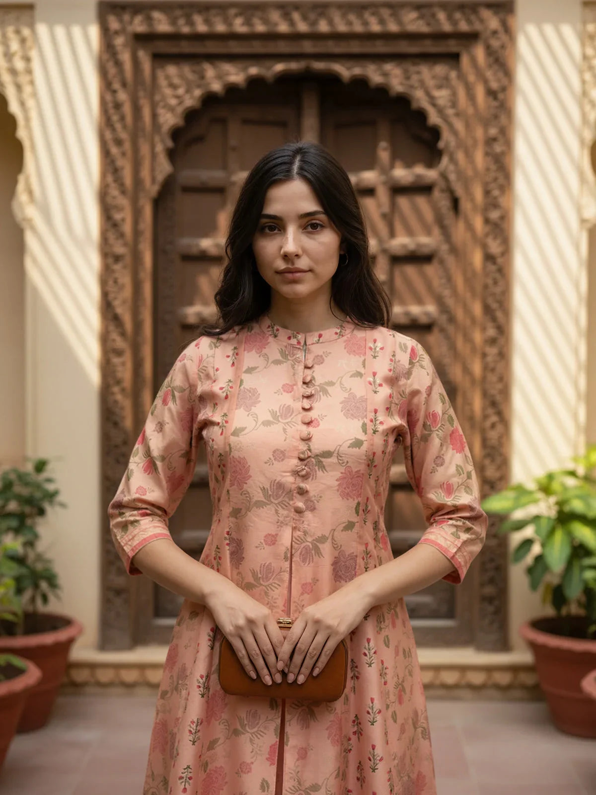 Buy Chanderi Printed Anarkali Calf Length Kurta-Peach