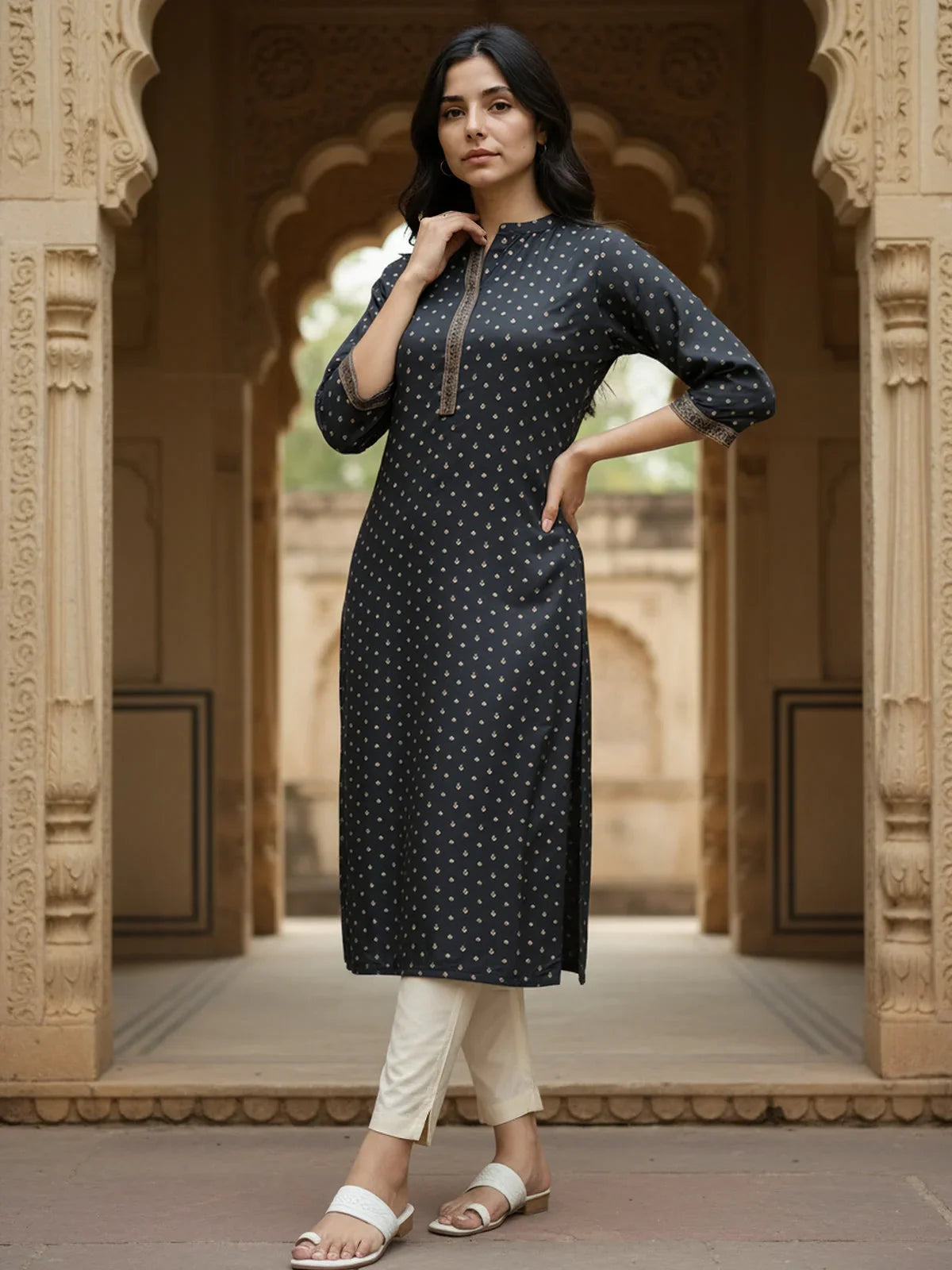 Buy Viscose Rayon Printed Straight Calf Length Kurta-Blue