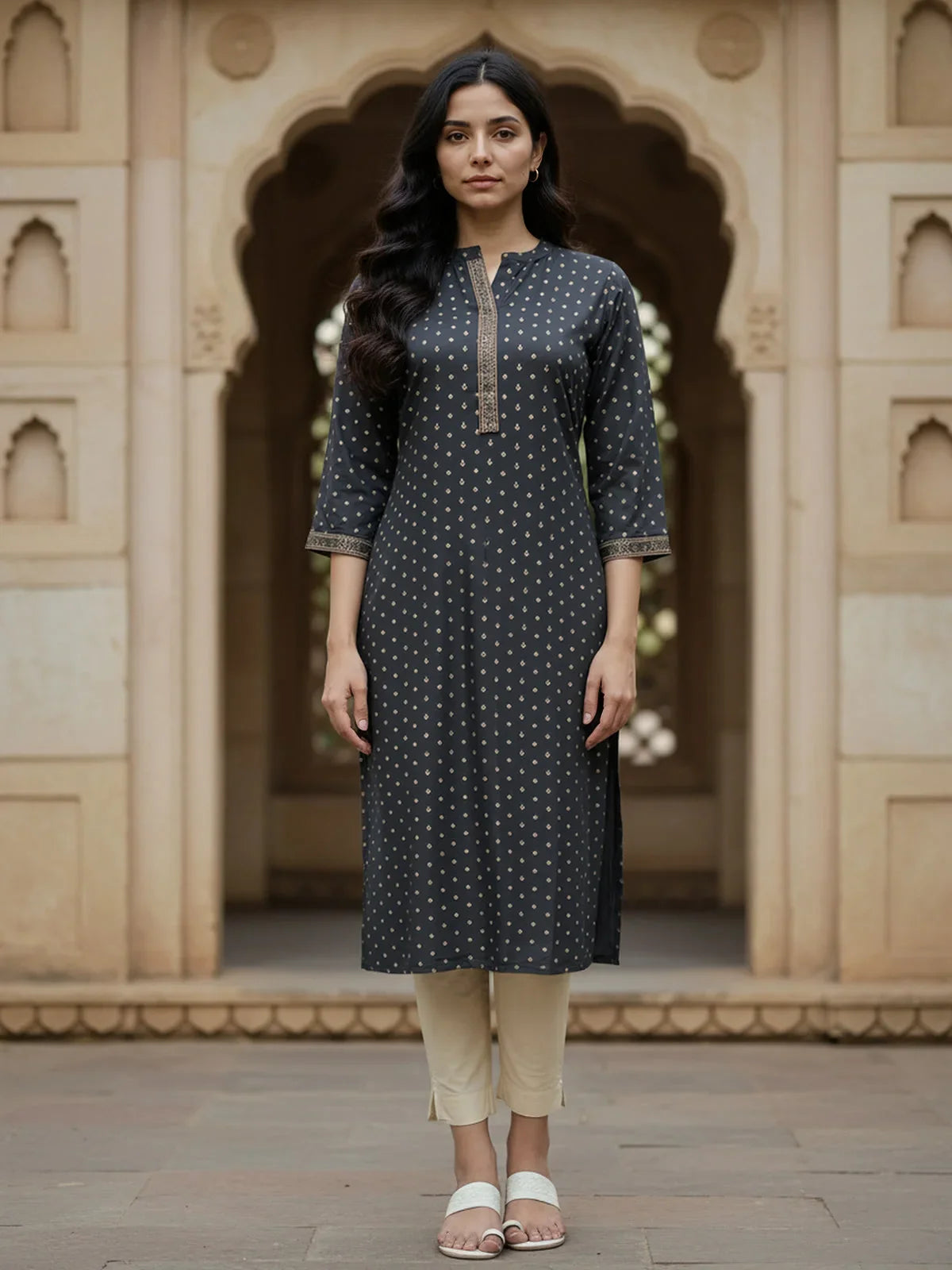 Buy Viscose Rayon Printed Straight Calf Length Kurta-Blue