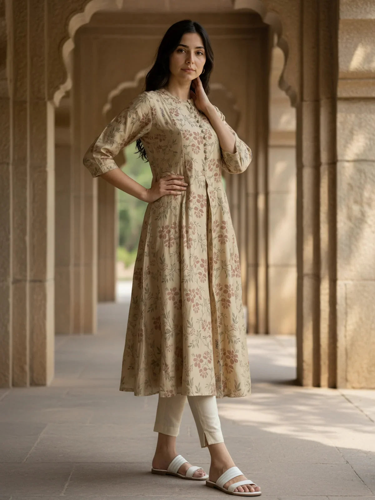 Buy Chanderi Printed Anarkali Calf Length Kurta-Beige