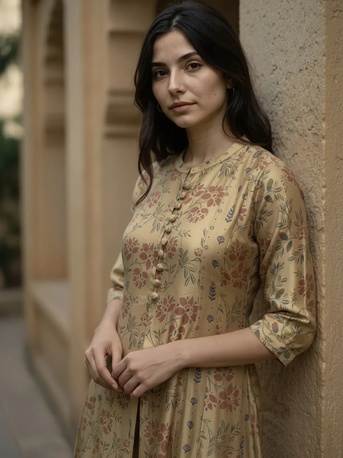 Buy Chanderi Printed Anarkali Calf Length Kurta-Beige