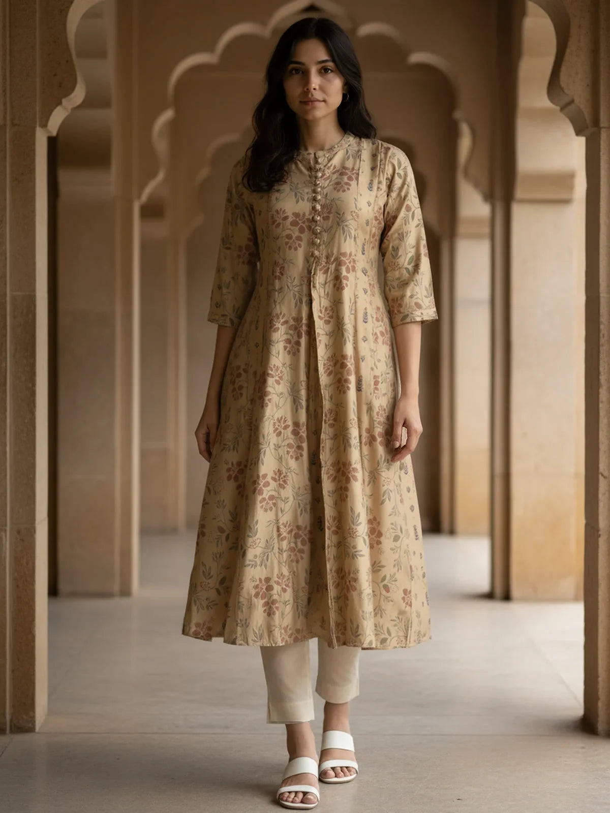 Buy Chanderi Printed Anarkali Calf Length Kurta-Beige