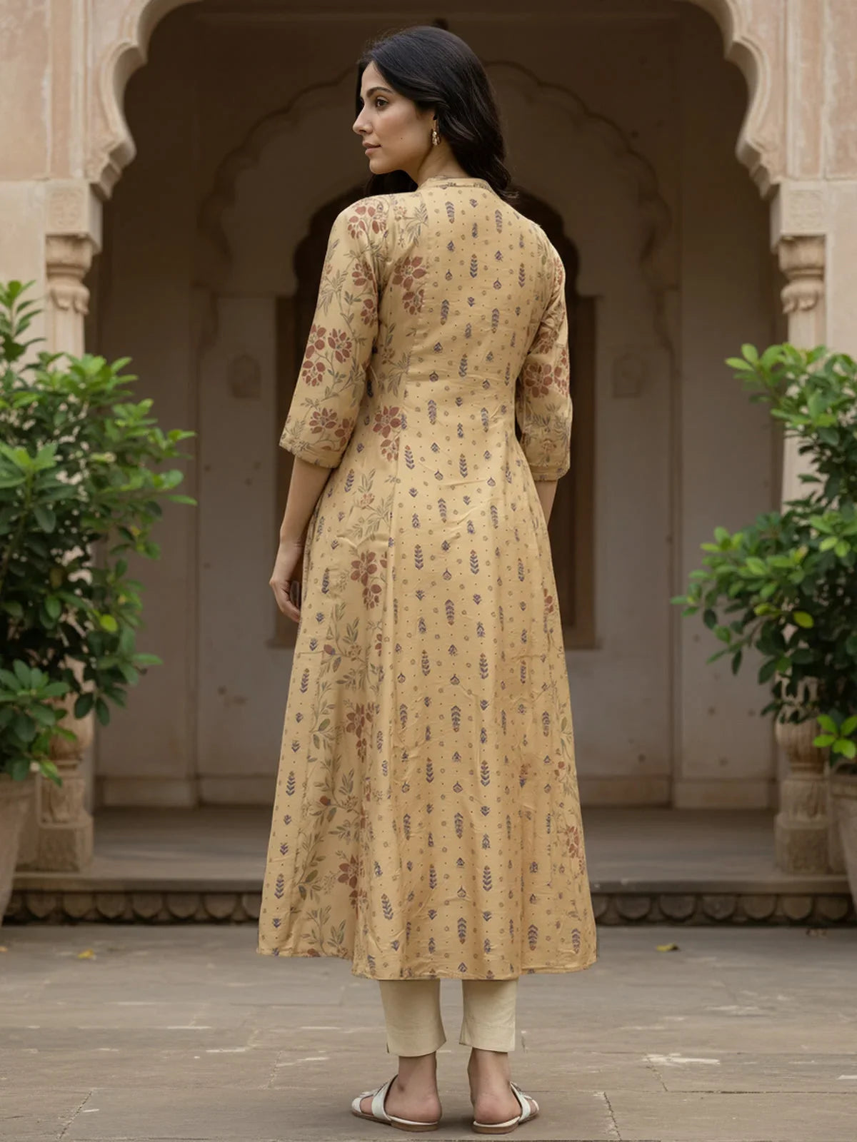 Buy Chanderi Printed Anarkali Calf Length Kurta-Beige