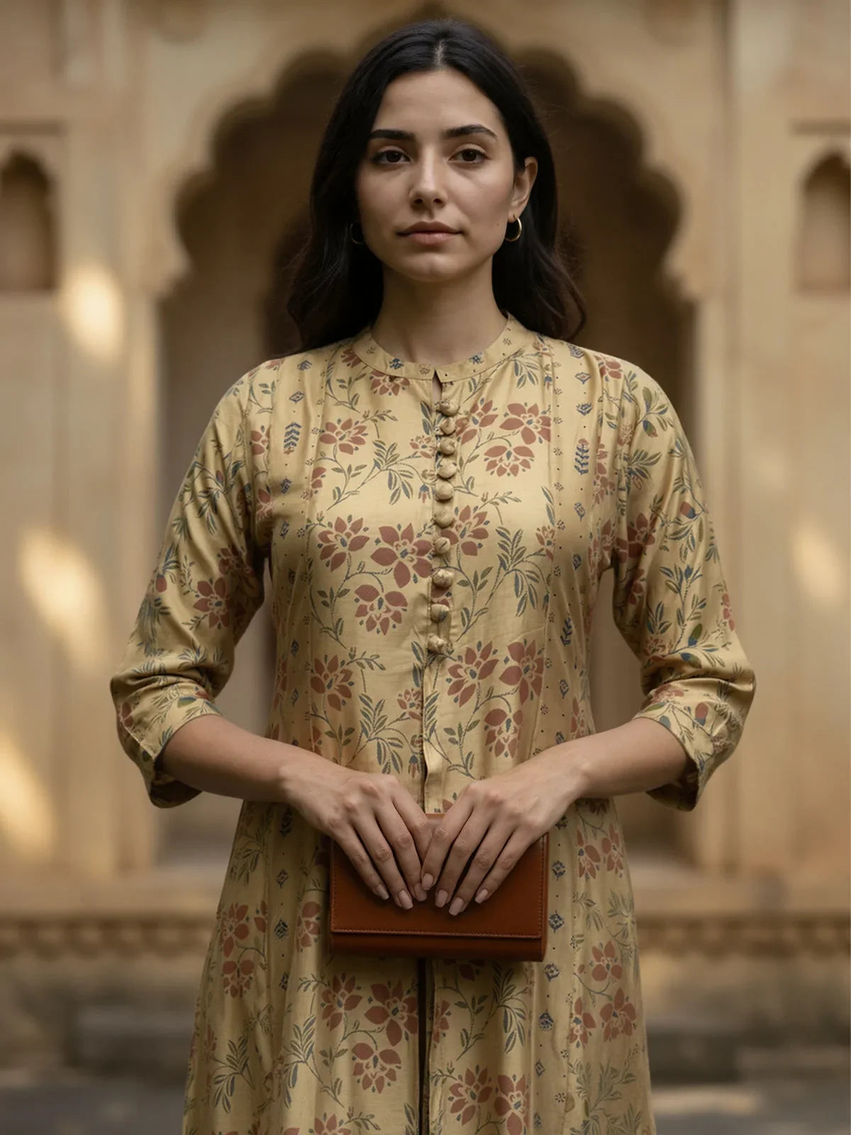 Buy Chanderi Printed Anarkali Calf Length Kurta-Beige