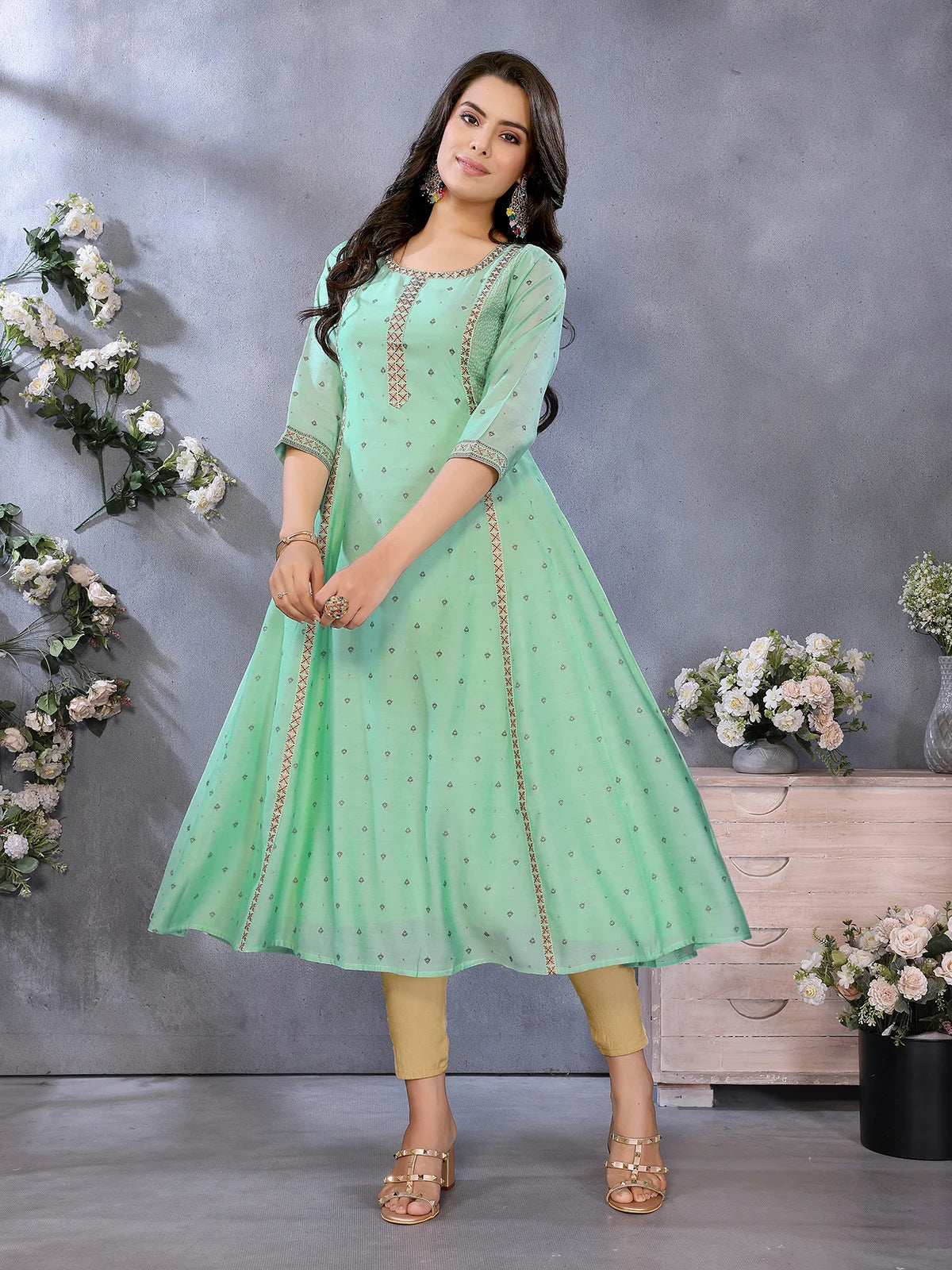 Buy Viscose Poly Printed Flared Calf Length Kurta-Green