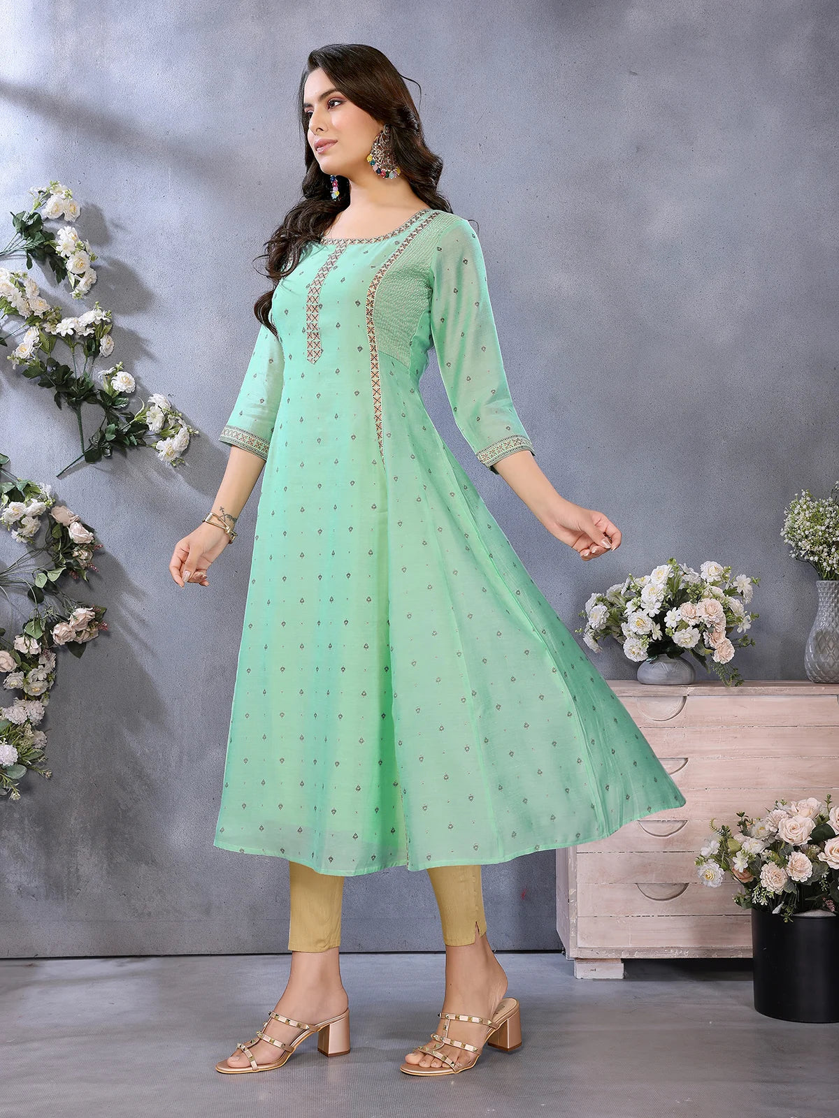 Buy Viscose Poly Printed Flared Calf Length Kurta-Green