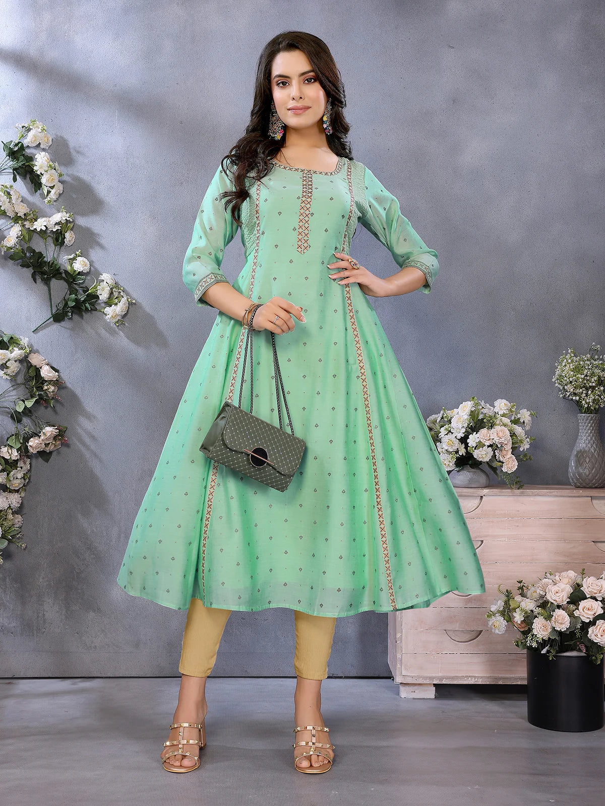 Buy Viscose Poly Printed Flared Calf Length Kurta-Green