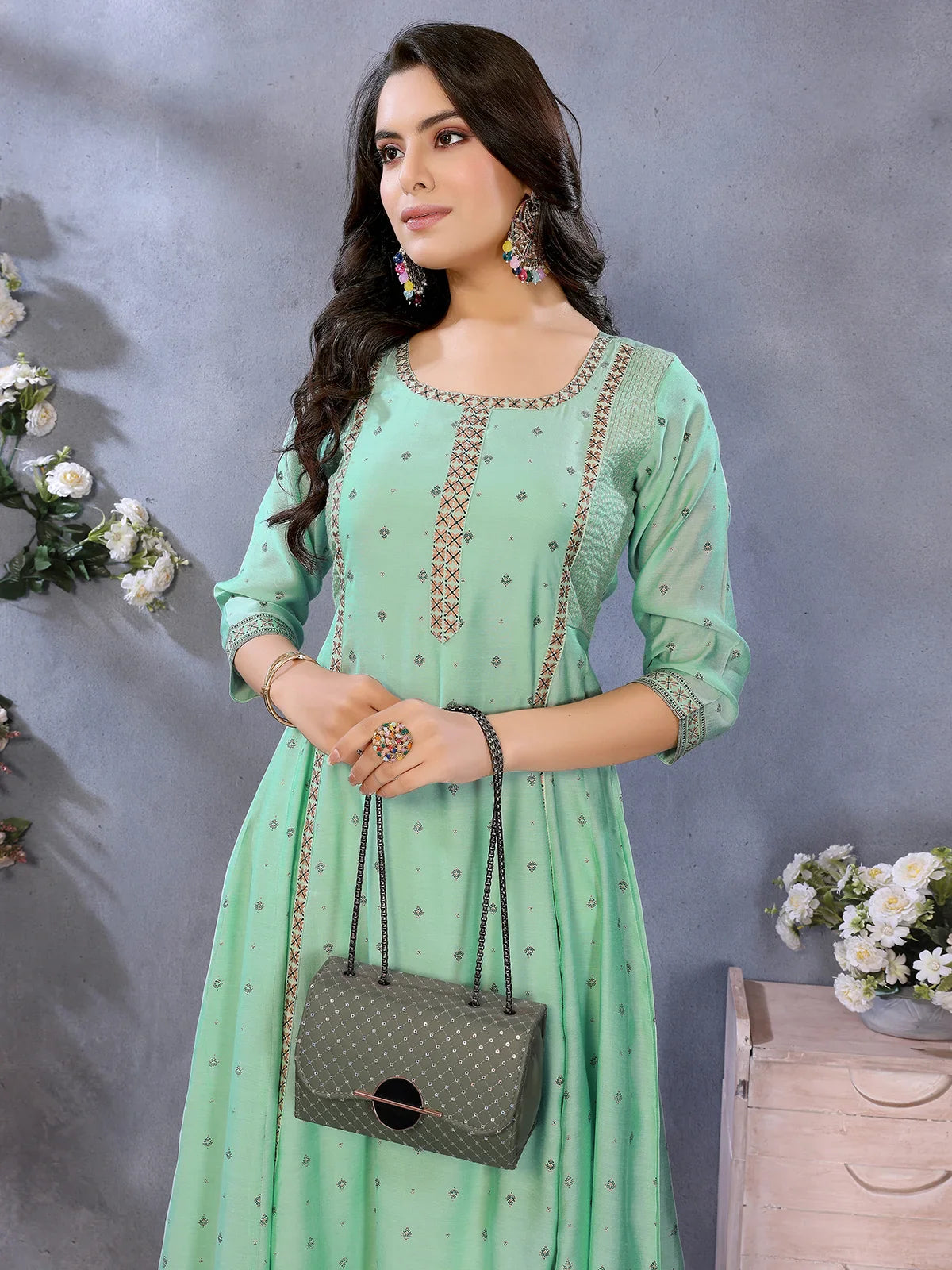 Buy Viscose Poly Printed Flared Calf Length Kurta-Green