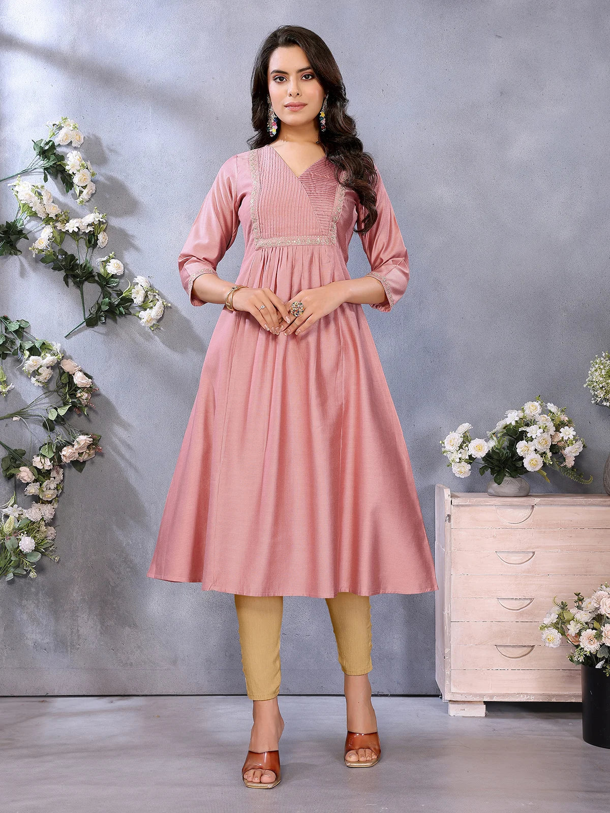 Buy Viscose Poly Embroidered Flared Calf Length Kurta-Pink
