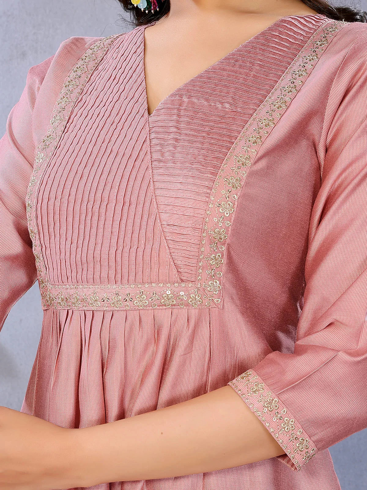 Buy Viscose Poly Embroidered Flared Calf Length Kurta-Pink