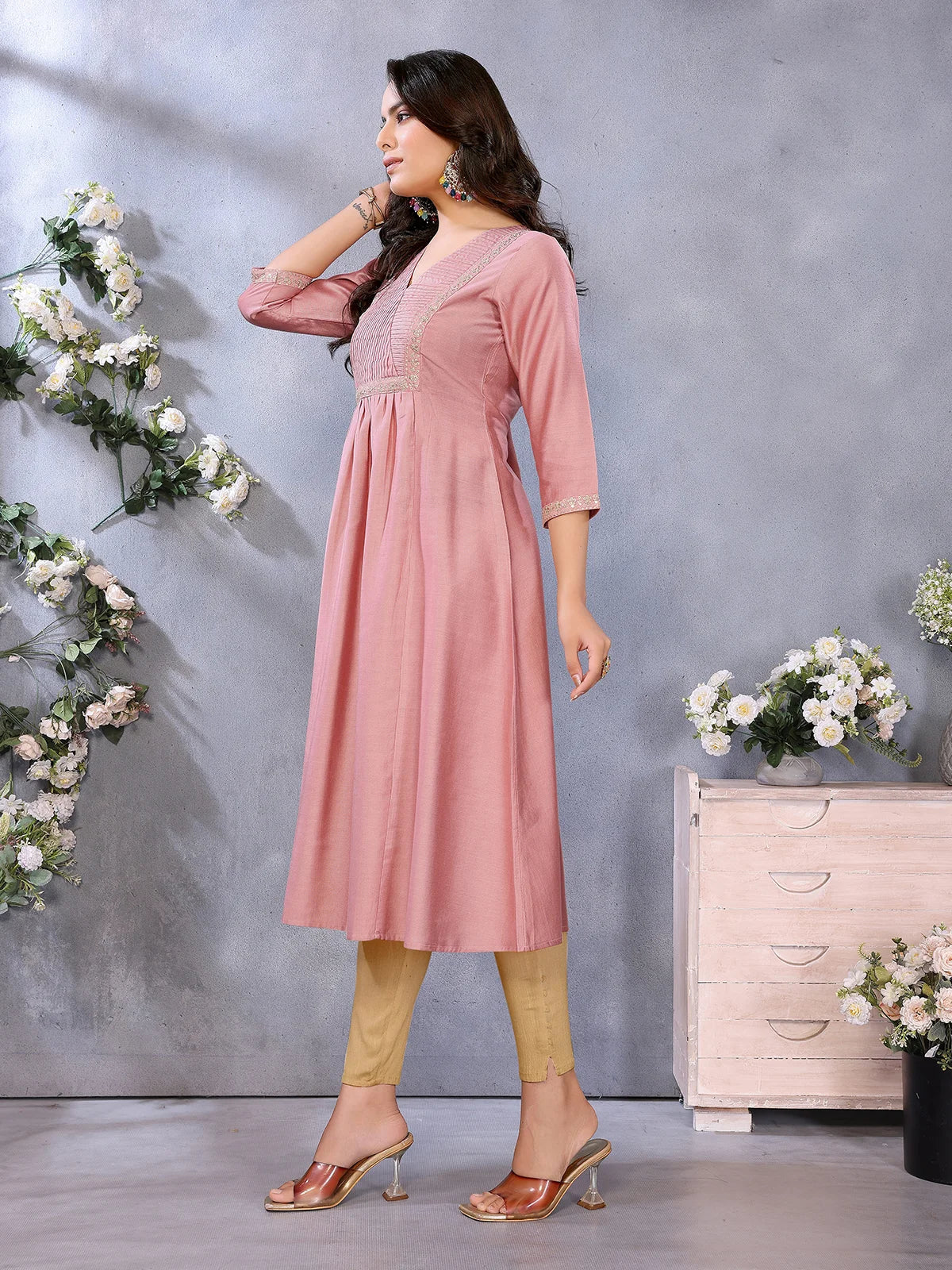 Buy Viscose Poly Embroidered Flared Calf Length Kurta-Pink