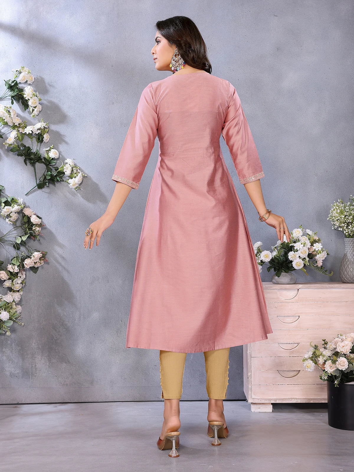 Buy Viscose Poly Embroidered Flared Calf Length Kurta-Pink