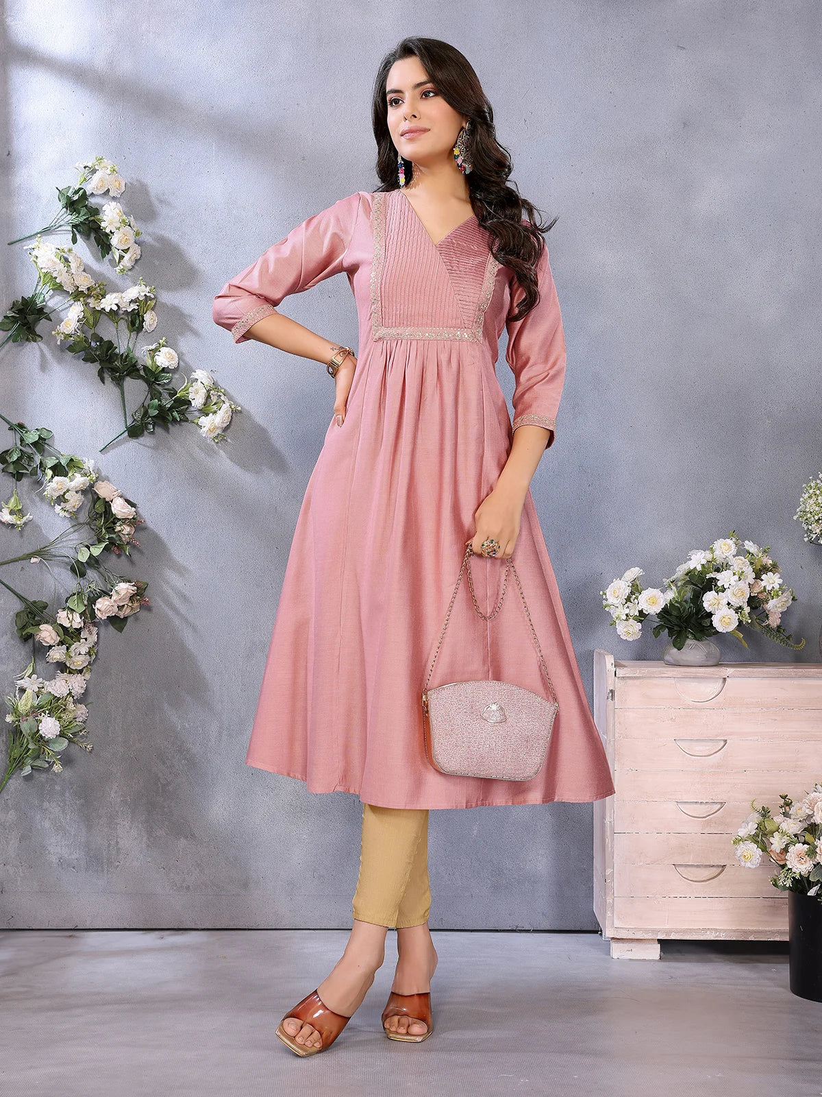 Buy Viscose Poly Embroidered Flared Calf Length Kurta-Pink