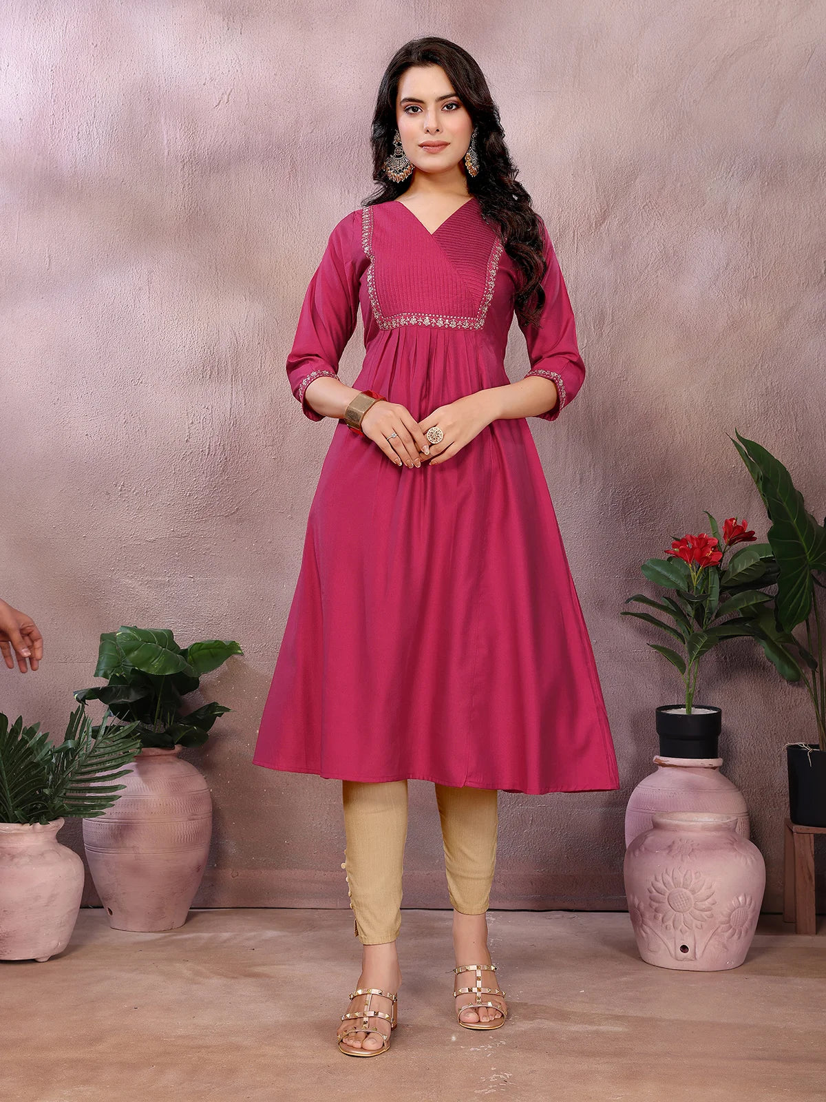 Buy Viscose Poly Embroidered Flared Calf Length Kurta-Red