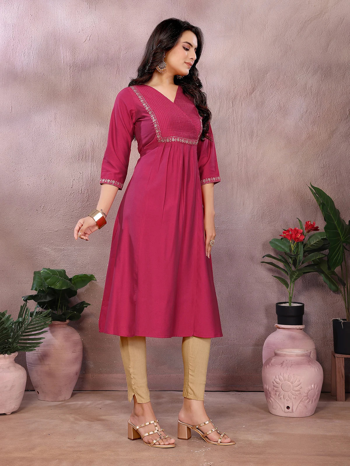 Buy Viscose Poly Embroidered Flared Calf Length Kurta-Red