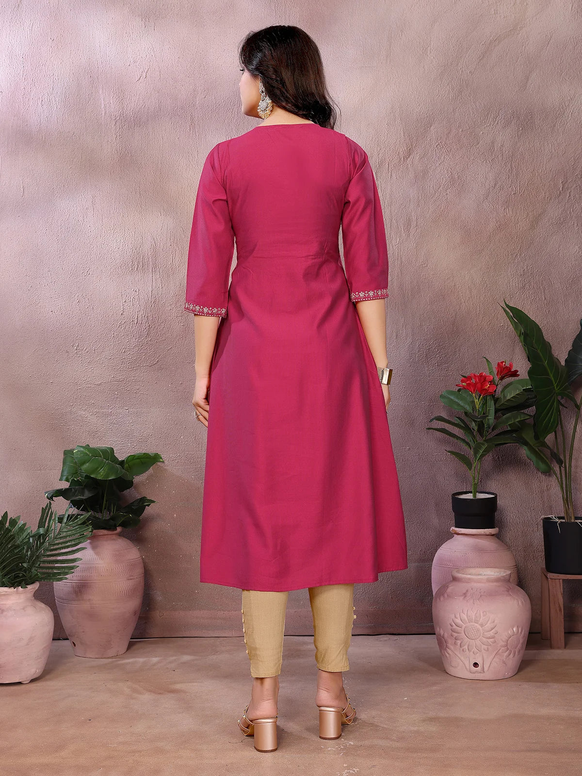 Buy Viscose Poly Embroidered Flared Calf Length Kurta-Red