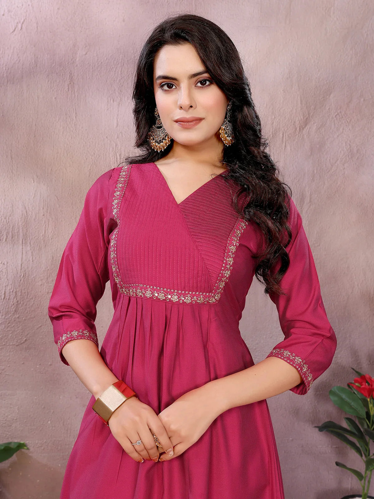 Buy Viscose Poly Embroidered Flared Calf Length Kurta-Red