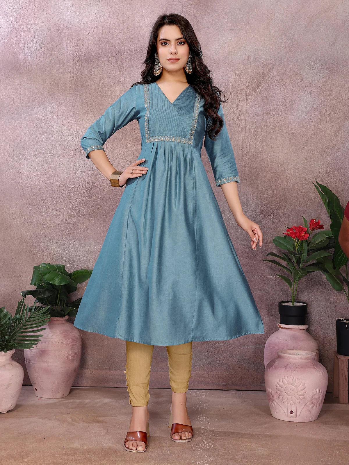 Buy Viscose Poly Embroidered Flared Calf Length Kurta-Grey