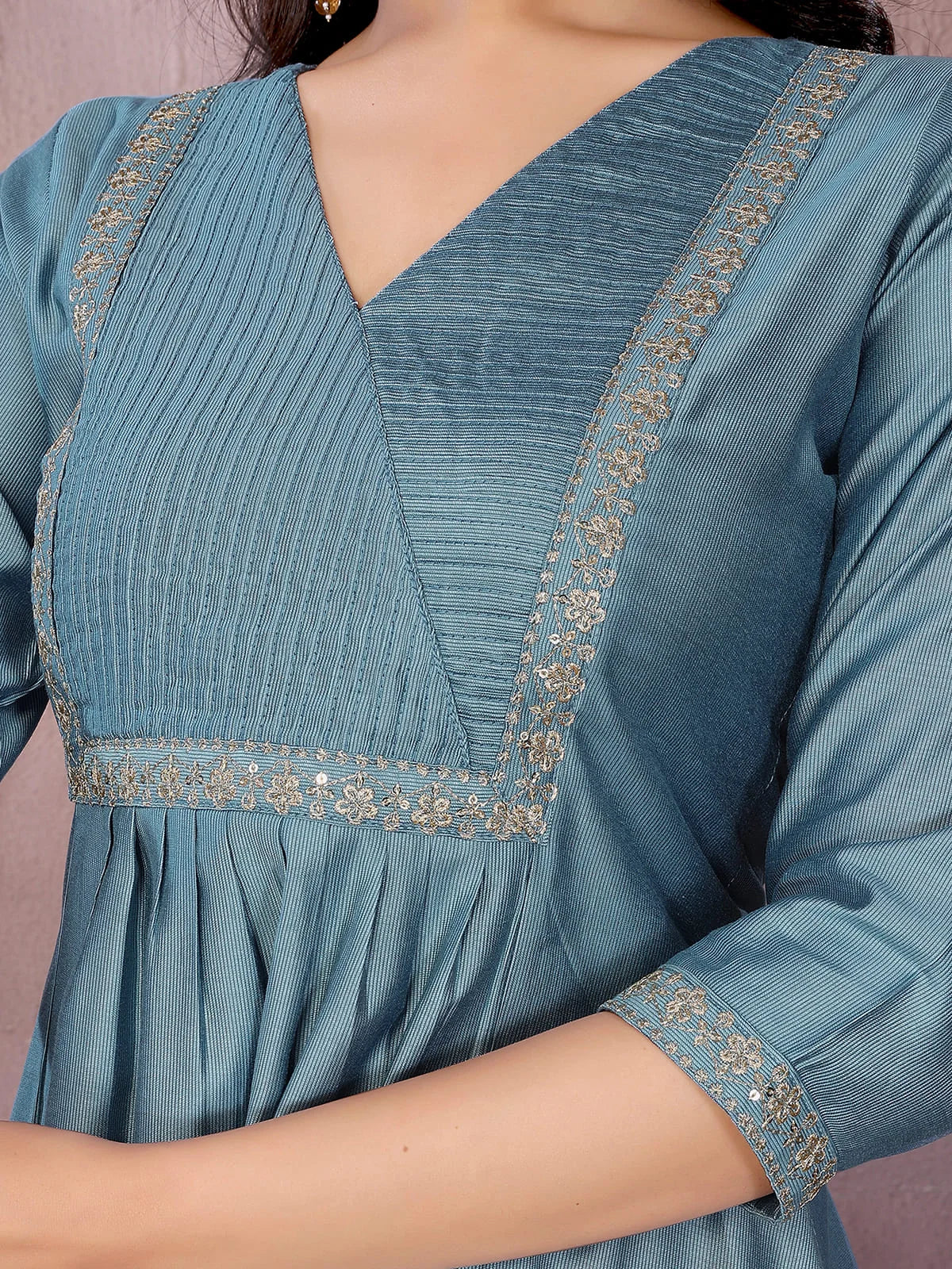 Buy Viscose Poly Embroidered Flared Calf Length Kurta-Grey