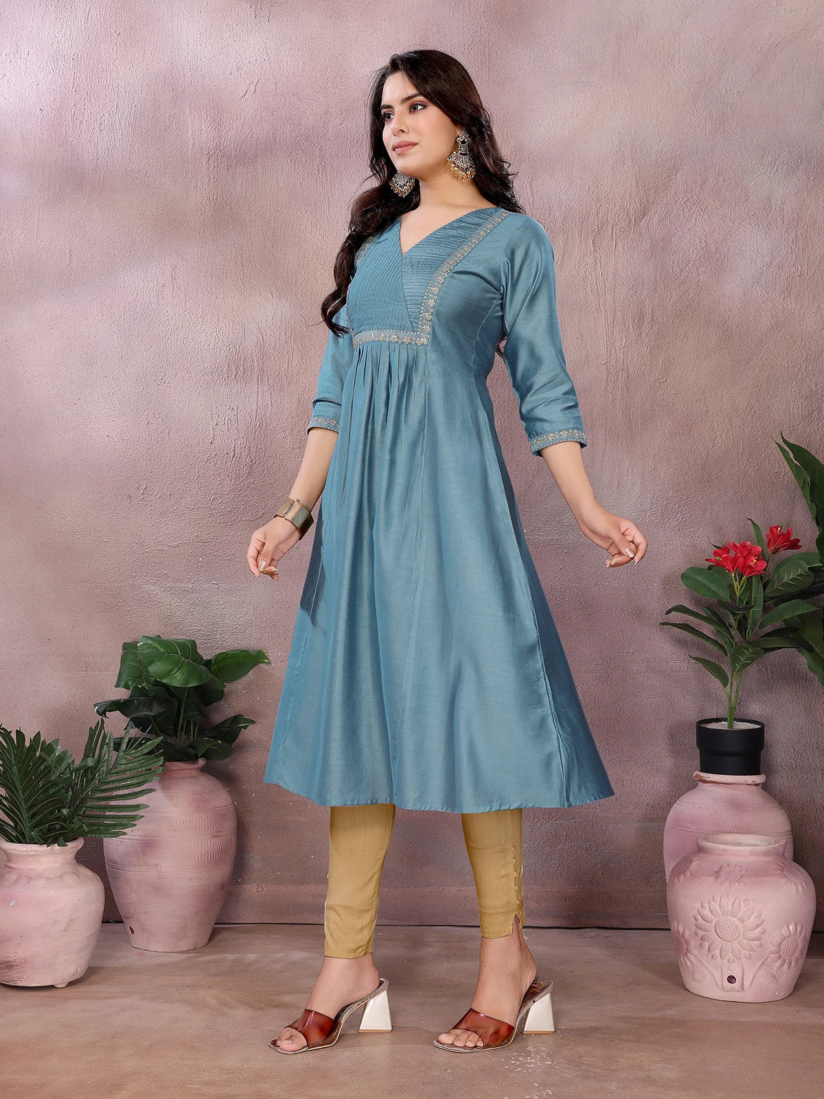Buy Viscose Poly Embroidered Flared Calf Length Kurta-Grey