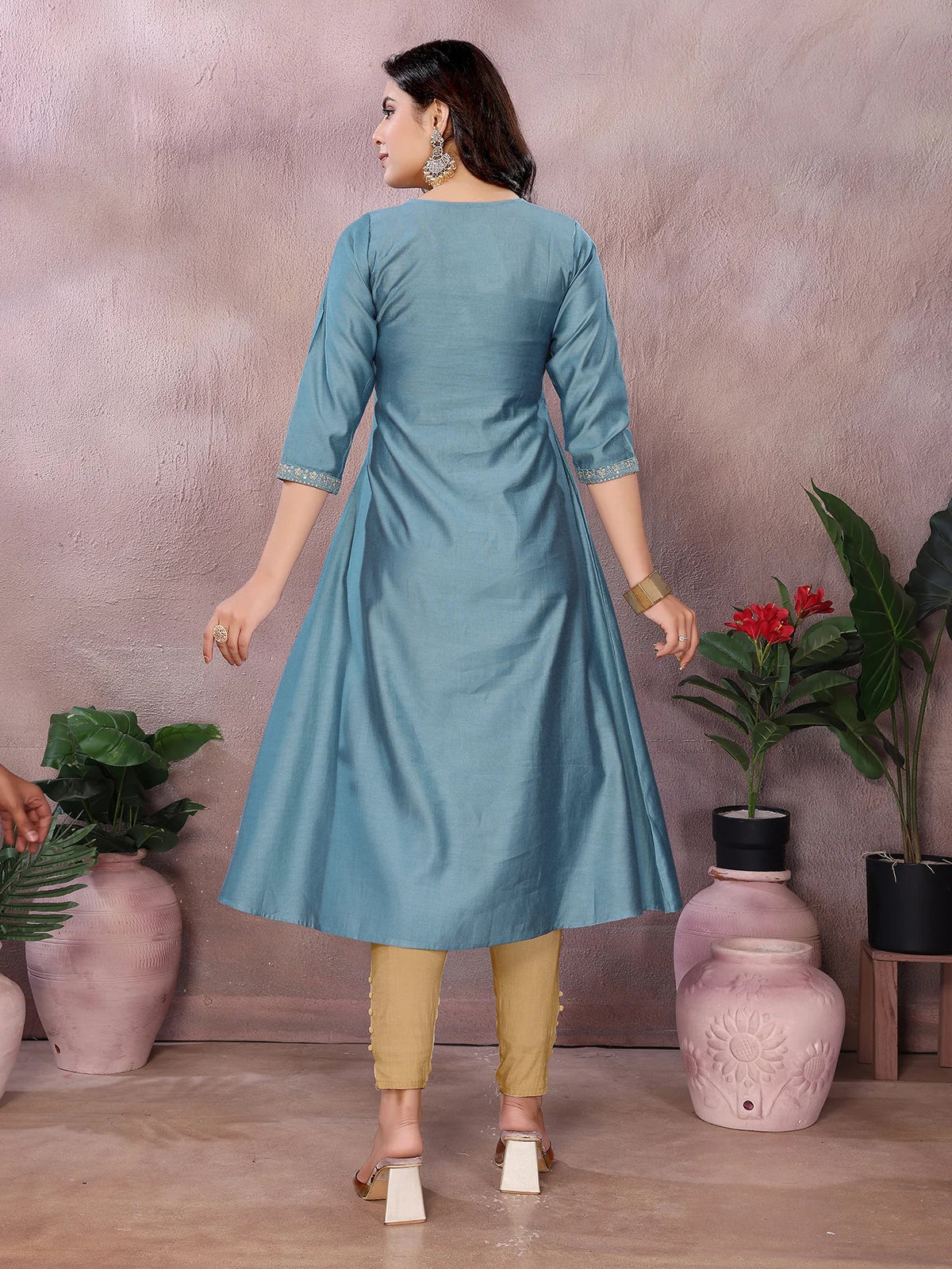 Buy Viscose Poly Embroidered Flared Calf Length Kurta-Grey