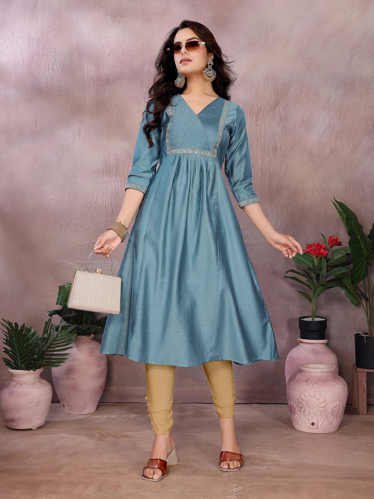 Buy Viscose Poly Embroidered Flared Calf Length Kurta-Grey