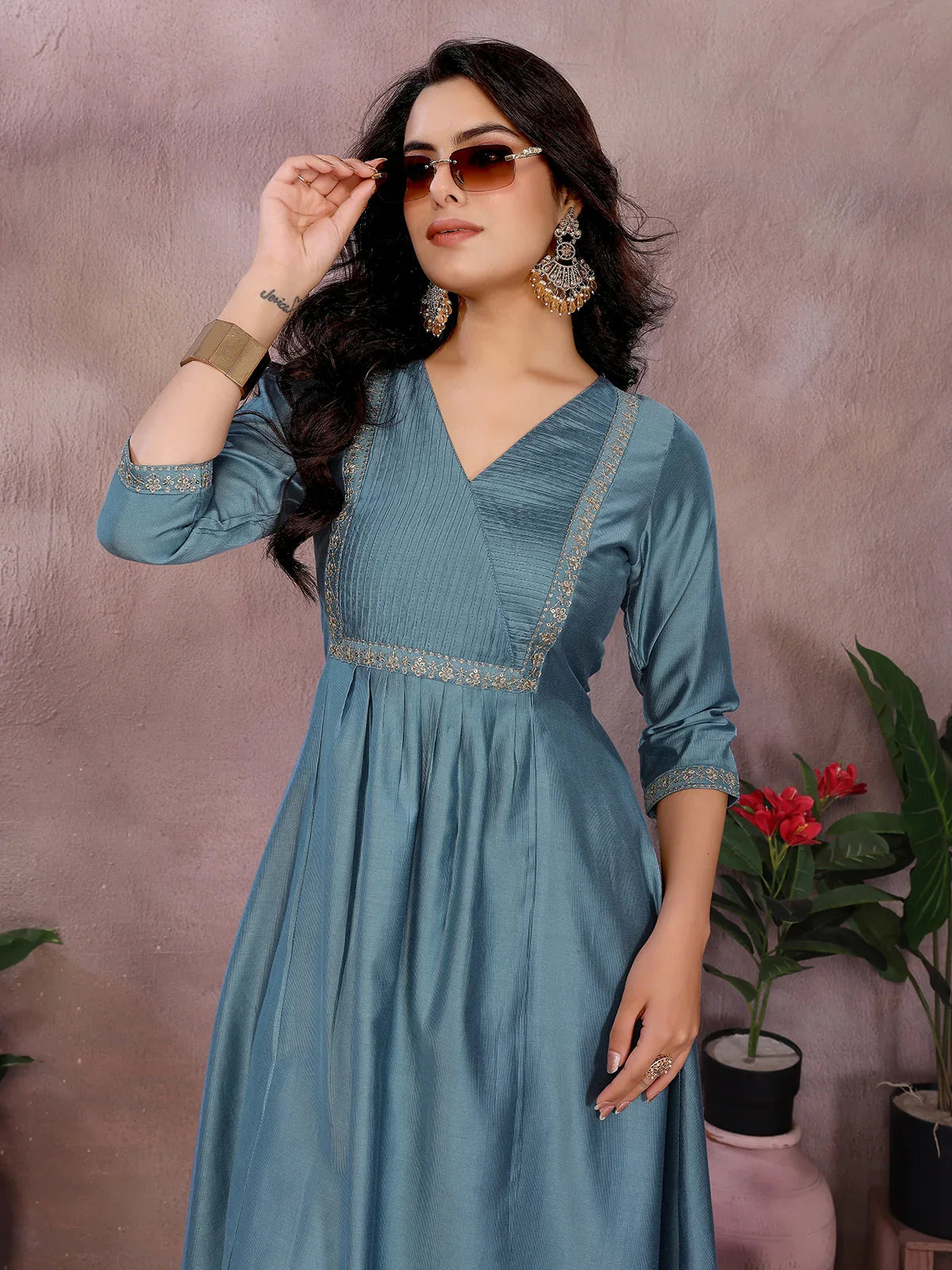 Buy Viscose Poly Embroidered Flared Calf Length Kurta-Grey